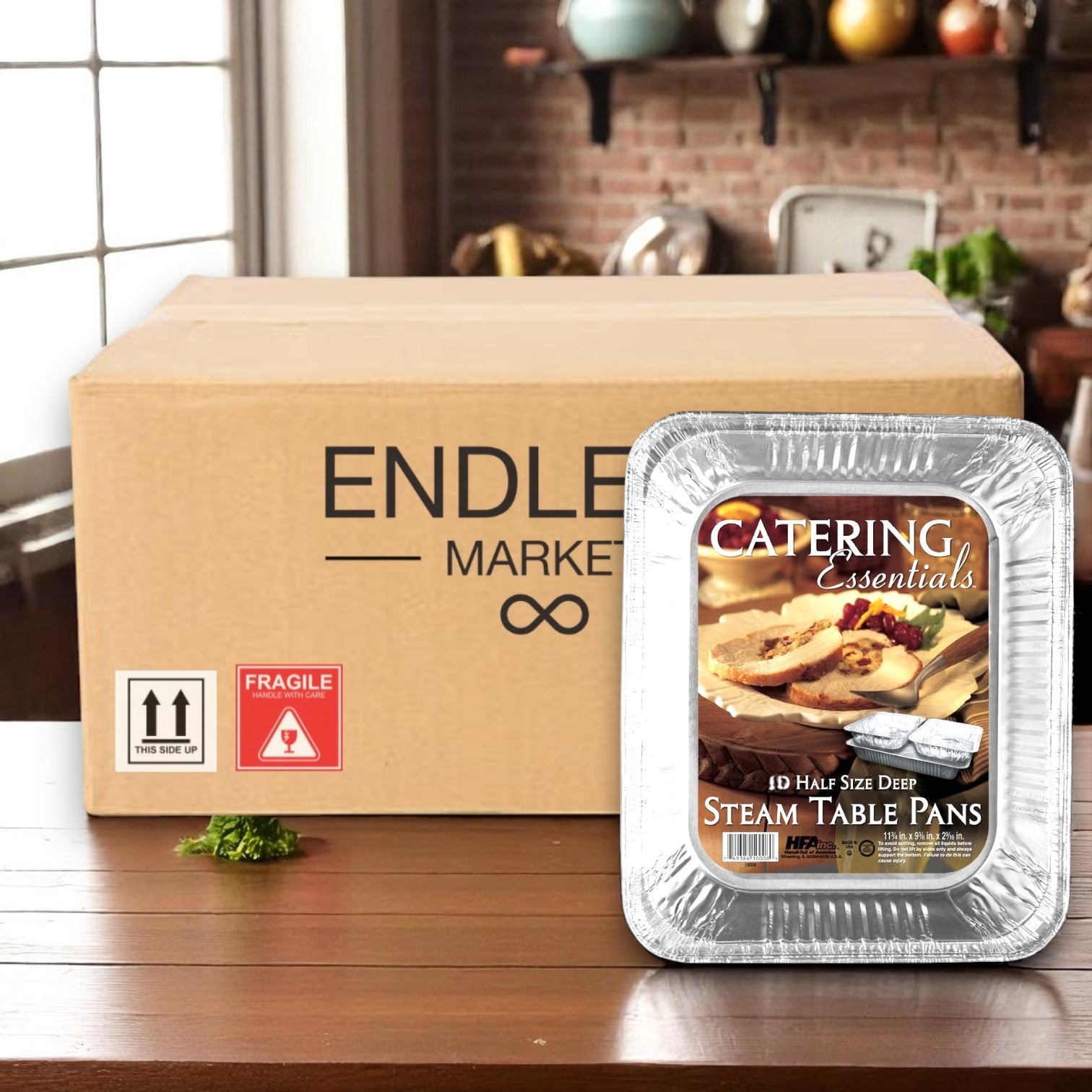 A box labeled "Endless Market" sits on a kitchen counter next to Handi-Foil of America HFA Half-Size Deep Steam Table Pans, 10 ct Pack, ideal for catering and serving hot dishes.