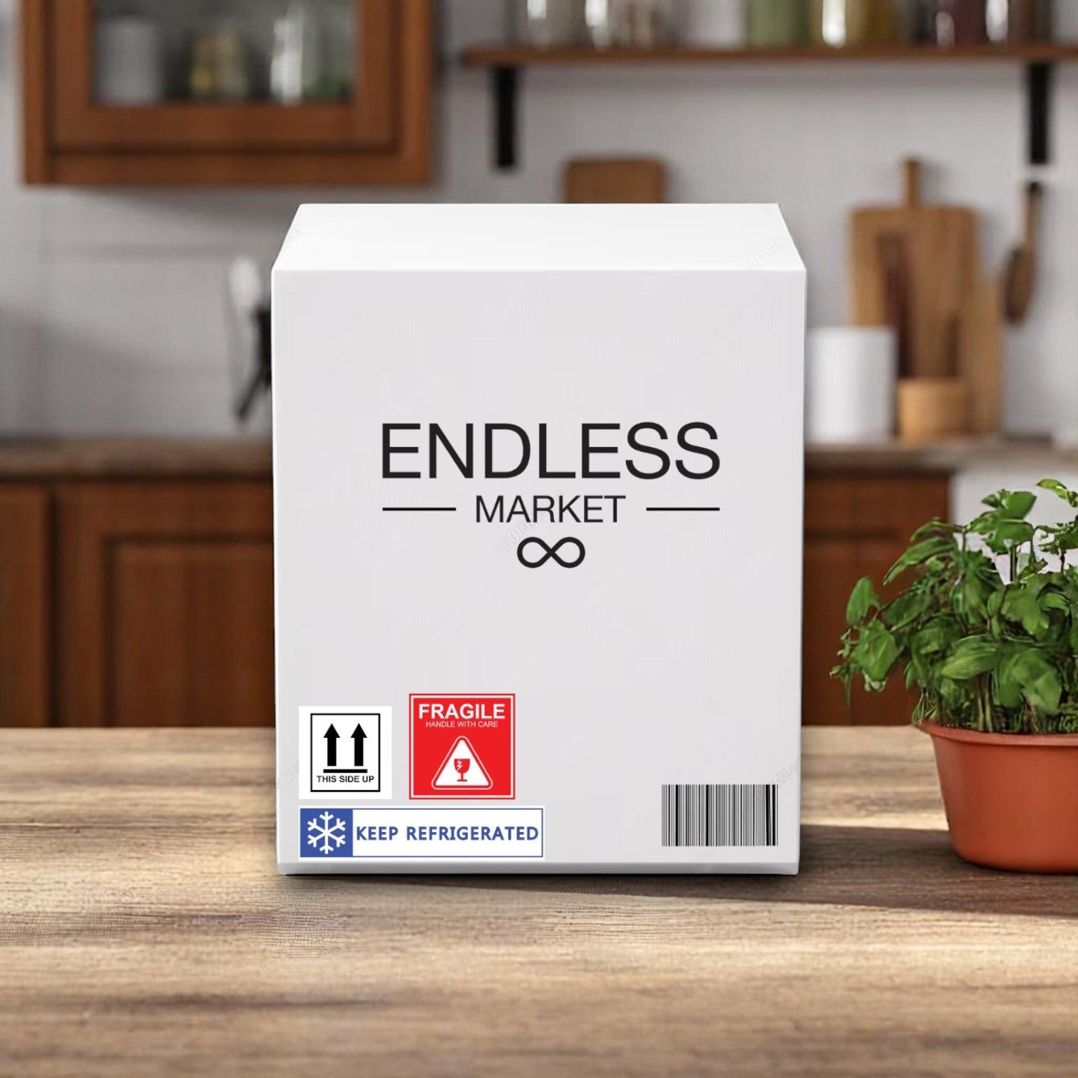 A white delivery box labeled "Endless Market" sits on a kitchen counter with fragile and keep refrigerated stickers. Inside is the Vienna Beef Italian Beef Kit – Serves 4 by Vienna Beef. A potted plant is placed to the right.