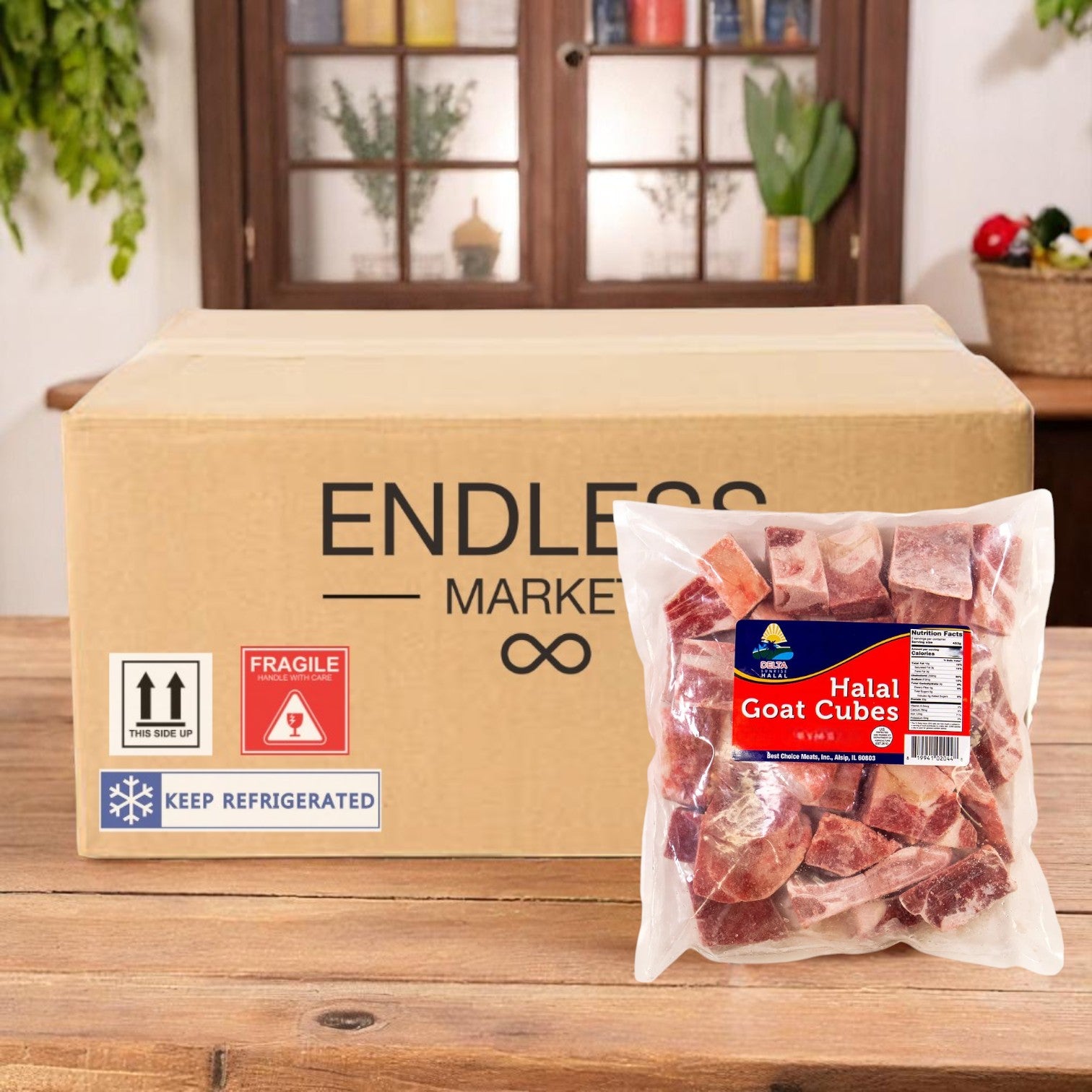 A labeled Restaurant Depot box and a clear plastic bag of Halal Goat Cubes-15lbs-1 Case-Frozen sit on a kitchen counter, with shelves and plants in the background.