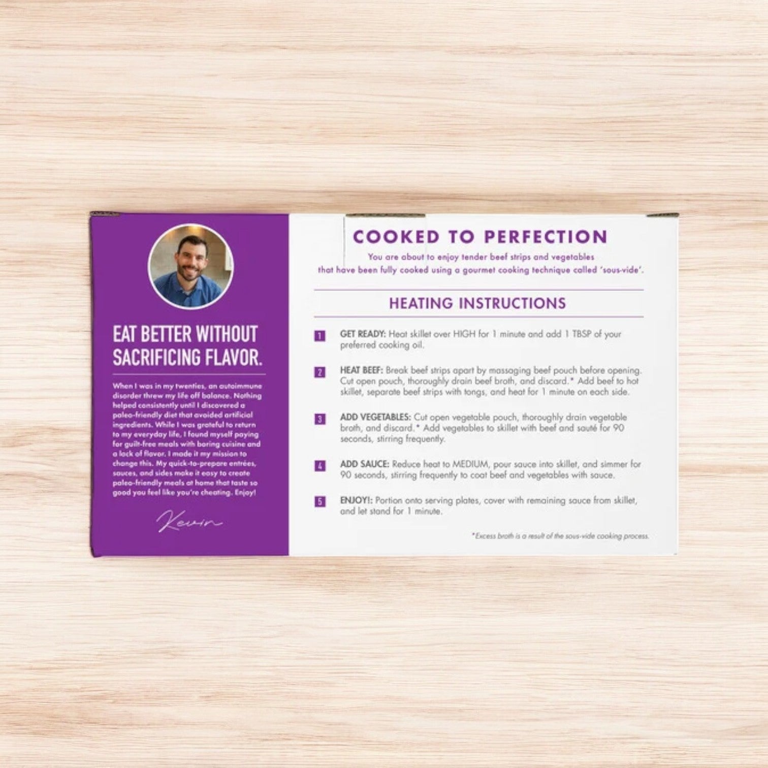 Kevin's Beef & Broccoli Stir-Fry packaging, with a purple section, displays text and a person’s photo. It includes heating instructions and emphasizes no flavor sacrifice for convenience. The package, featuring quality ingredients, is placed on a wooden surface.