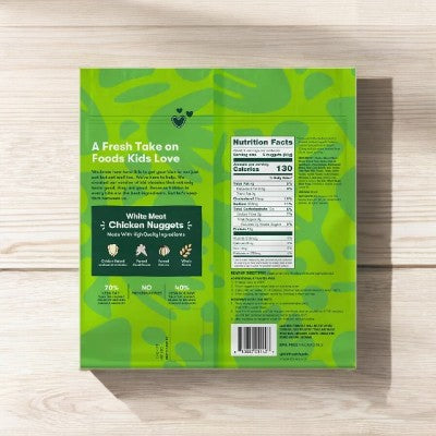 Back of a green food packaging box displaying nutritional facts and product information for Kidfresh Frozen Chicken Nuggets - 16.35 oz, made with hidden veggies and white-meat chicken.