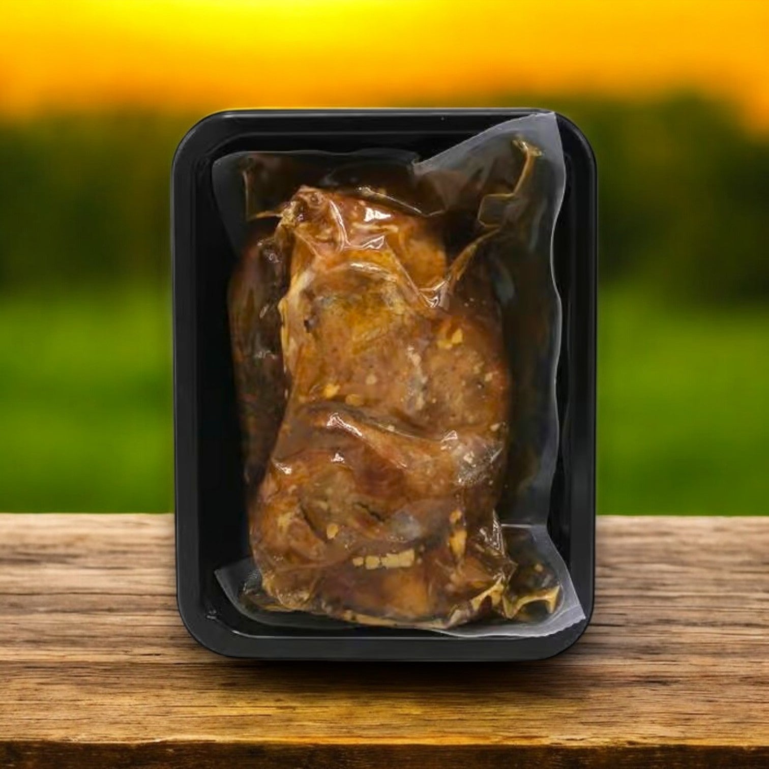 The Kingsford Seasoned Pork Carnitas – 16 oz in a black tray sit on a wooden surface, with a blurred green landscape and sunset in the background, promising authentic flavor.