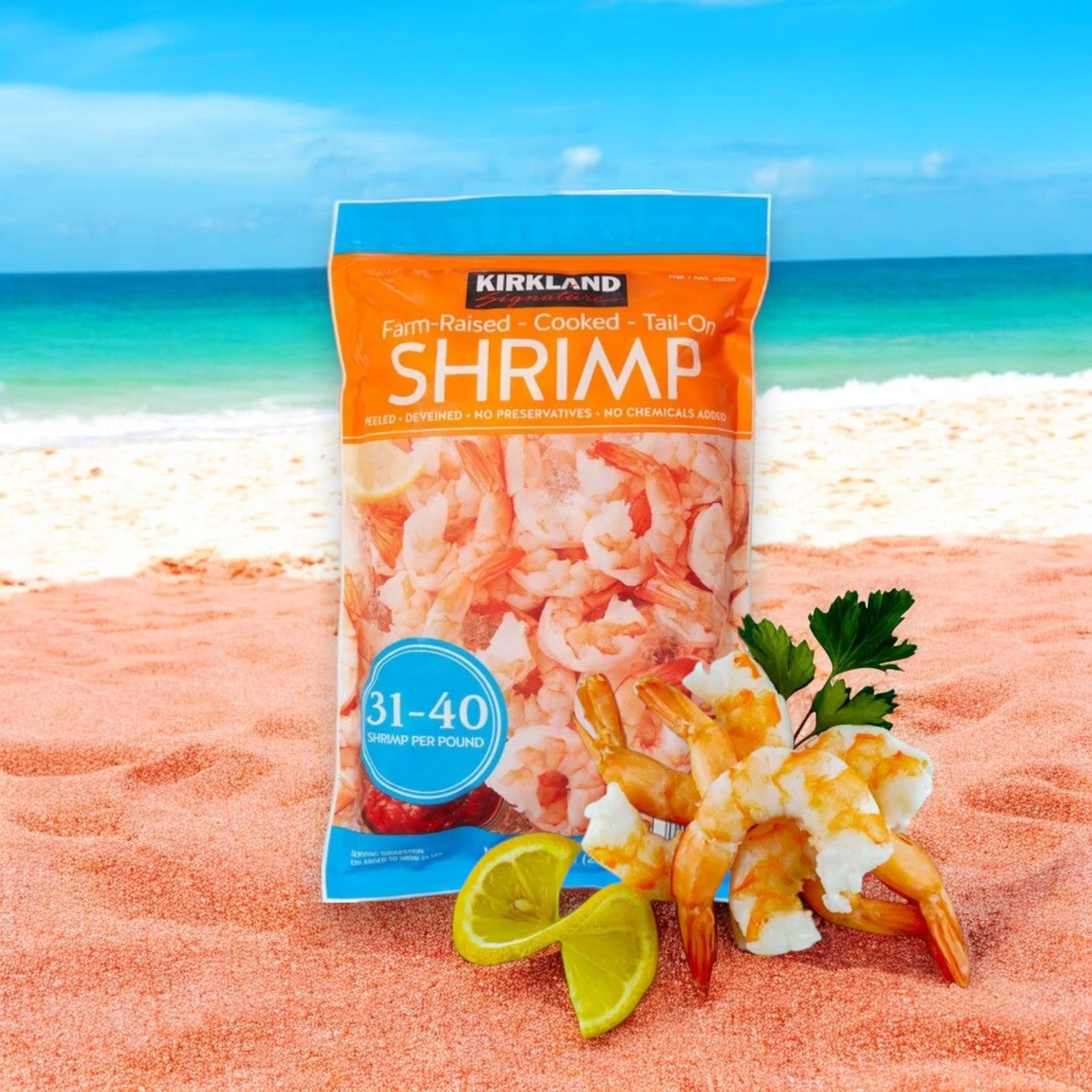 A package of Kirkland Signature Farm-Raised Cooked Shrimp is nestled on a sandy beach with the blue ocean in the background, adorned by a lemon slice and parsley garnish.