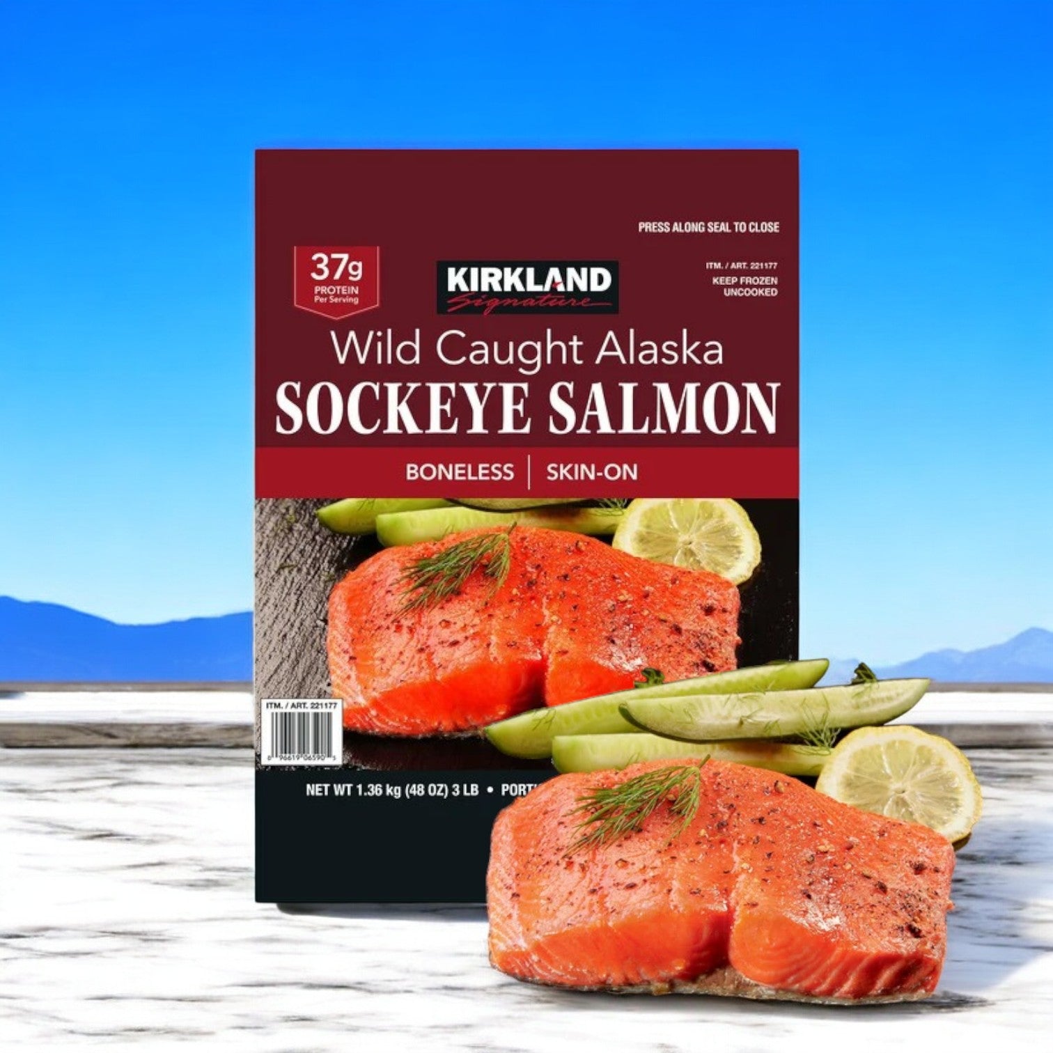 The Kirkland Signature Wild Sockeye Salmon comes in 5 oz - 7 oz portions and a total of 3 lbs across 3 bags. These boneless, skin-on cuts are depicted with lime and dill against a scenic backdrop, highlighting their wild-caught quality and richness in Omega-3s.