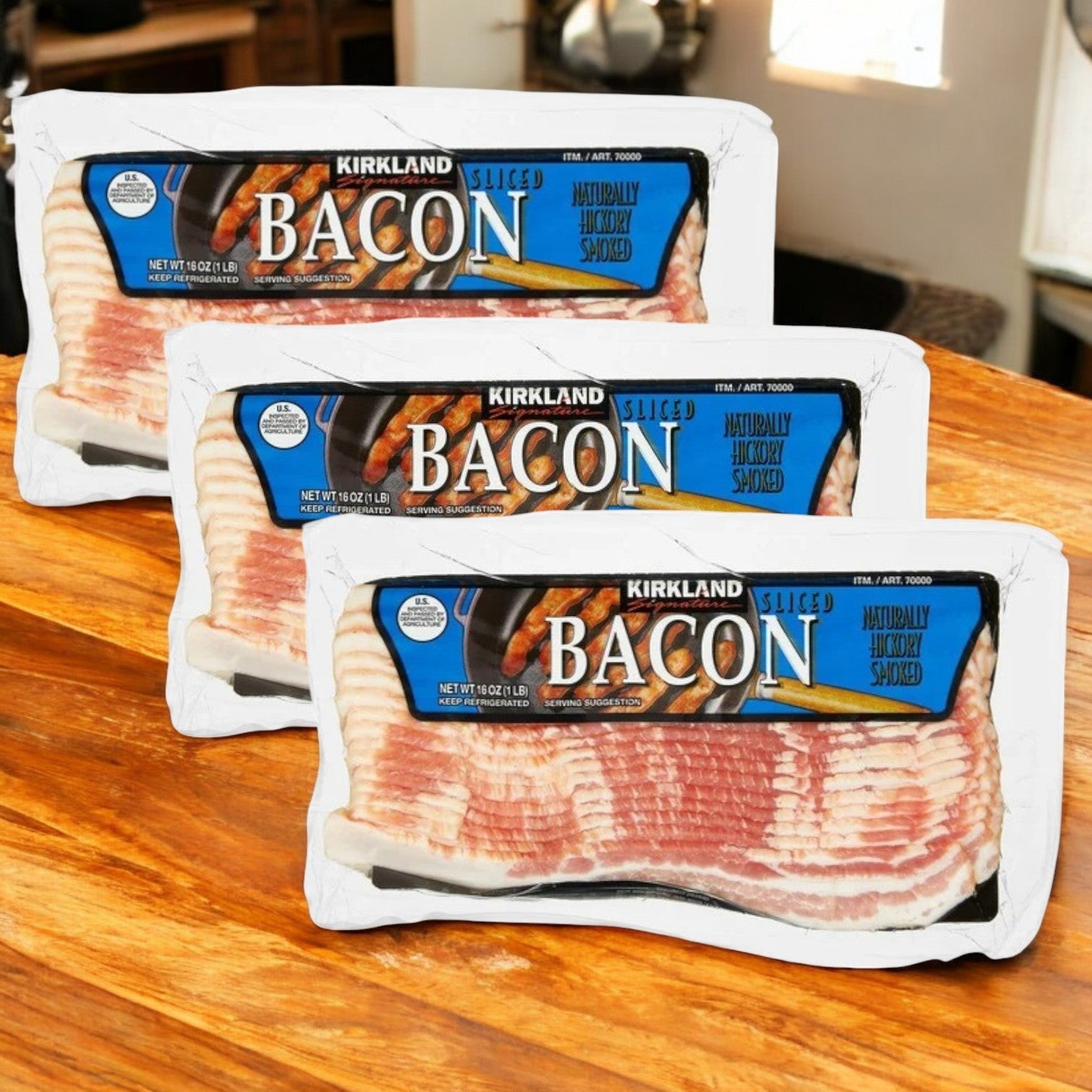 Four packs of Kirkland Signature Bacon, Hickory Smoked, are displayed in a cozy kitchen setting.