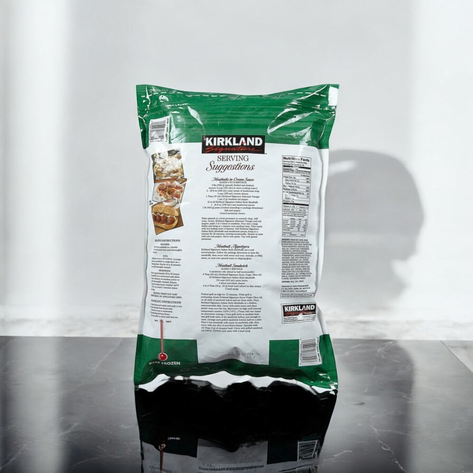 Bag of Kirkland frozen broccoli with serving suggestions and nutritional information on the back, ideal for enjoying with Kirkland Signature Meatballs, a premium beef and pork blend available in a 6 lbs pack consisting of three bags totaling 18 pounds.