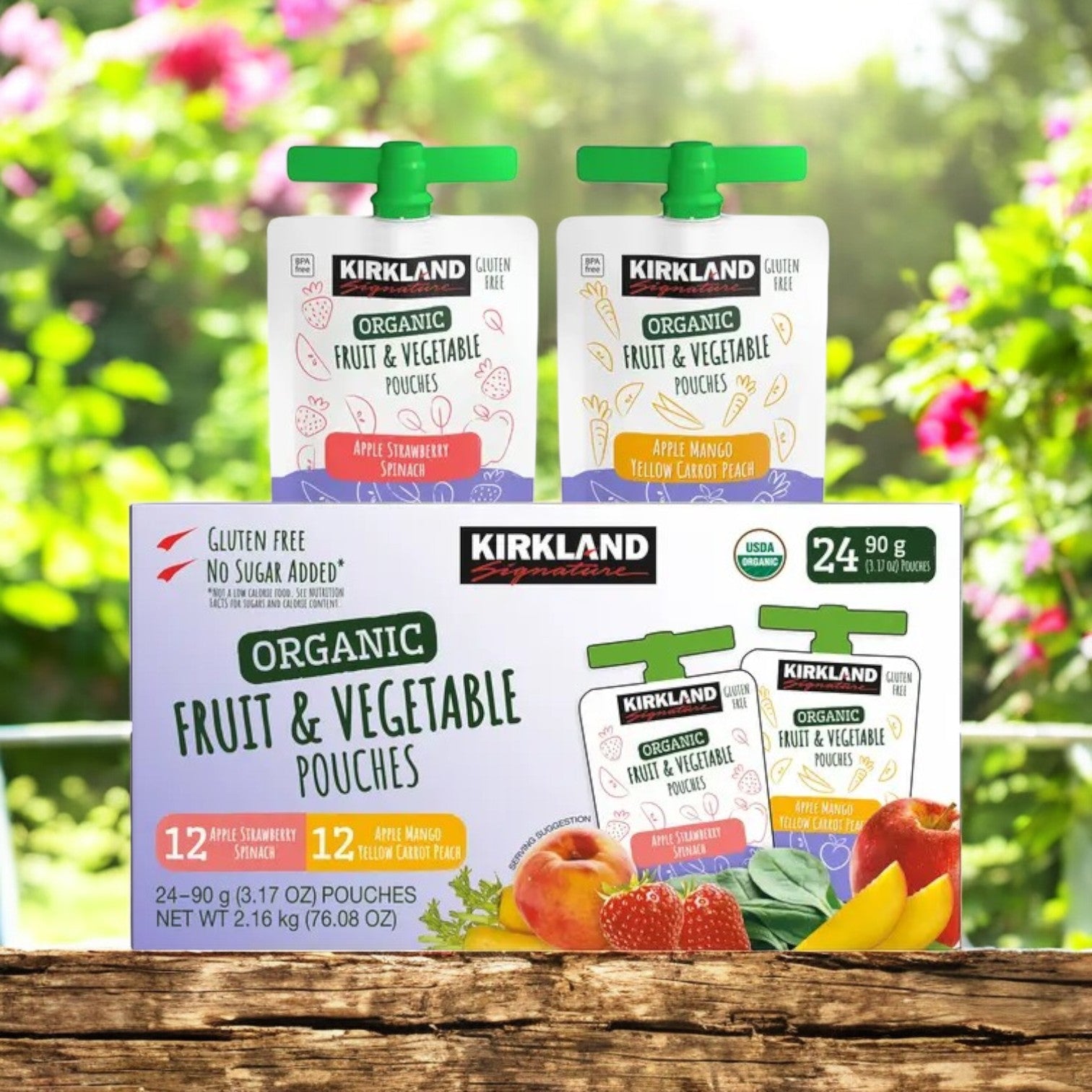Enjoy a healthy lifestyle with Kirkland Signature's Organic Fruit and Vegetable Pouches Variety Pack. Featuring flavors like Apple Strawberry Spinach and Apple Mango Yellow Carrot Peach, this 24-count box is perfect for on-the-go snacking, with two pouches easily accessible on top.