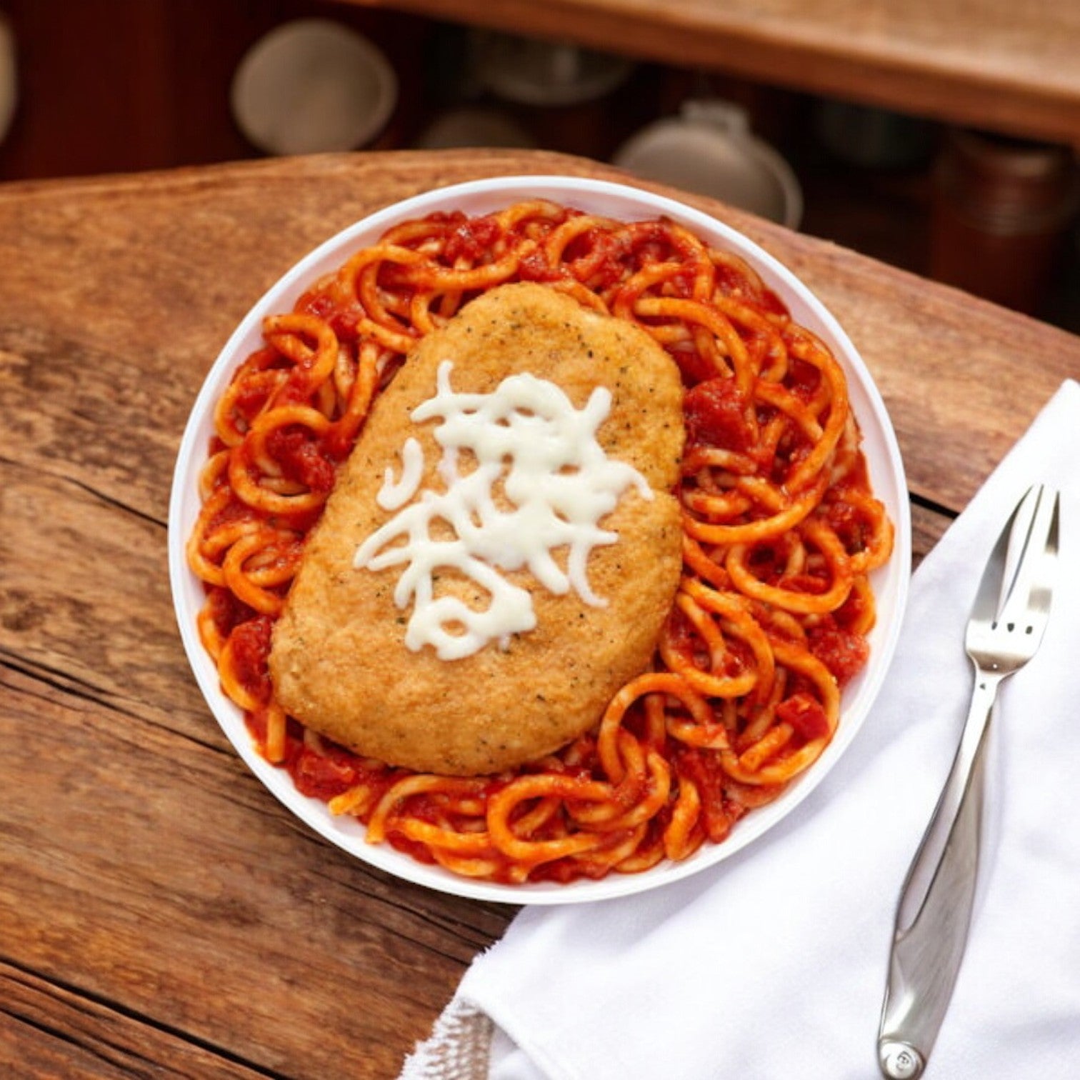A plate featuring Lean Cuisine Chicken Parmesan, from a case of 8 packs, displays breaded chicken breast with melted cheese atop spaghetti in tomato sauce. This delicious Italian meal is on a wooden table with a fork and knife on a napkin nearby.