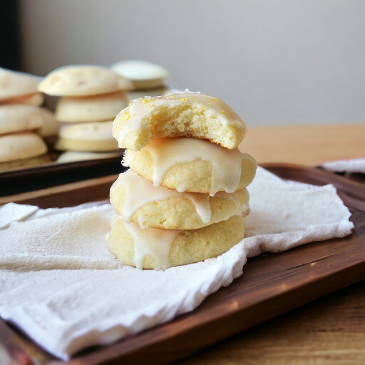 Three Easy Lunches Lemon Ricotta Cookies are stacked on a wooden tray, with one revealing its creamy ricotta filling. More cookies are in the background, tempting with their zesty lemon flavor; each container holds 12 cookies.