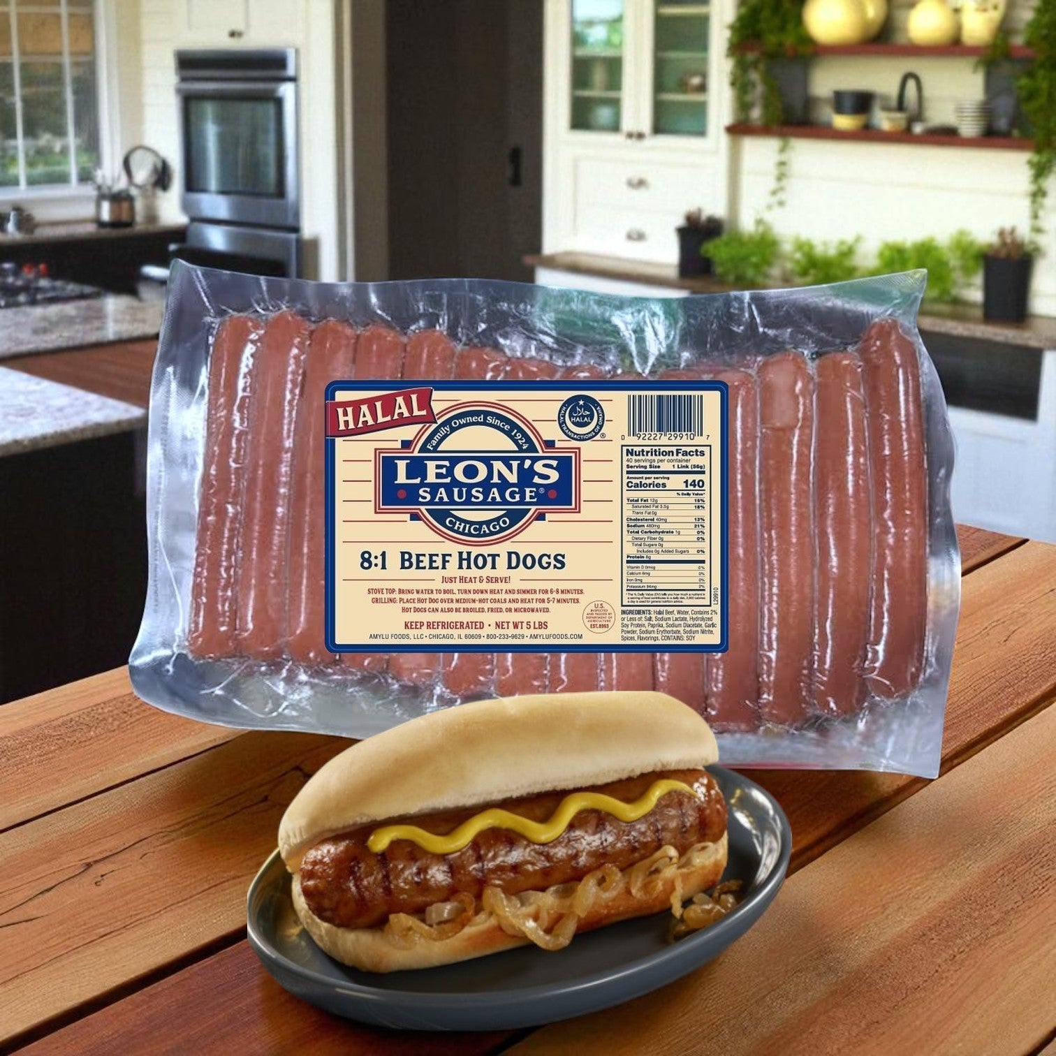 A 5 lb pack of Endless Market’s Halal Hot Dogs—Leon's Sausage 8:1 Beef Hot Dogs (40 total)—rests on an outdoor table beside a plated hot dog with onions and mustard, with an outdoor kitchen visible in the background.