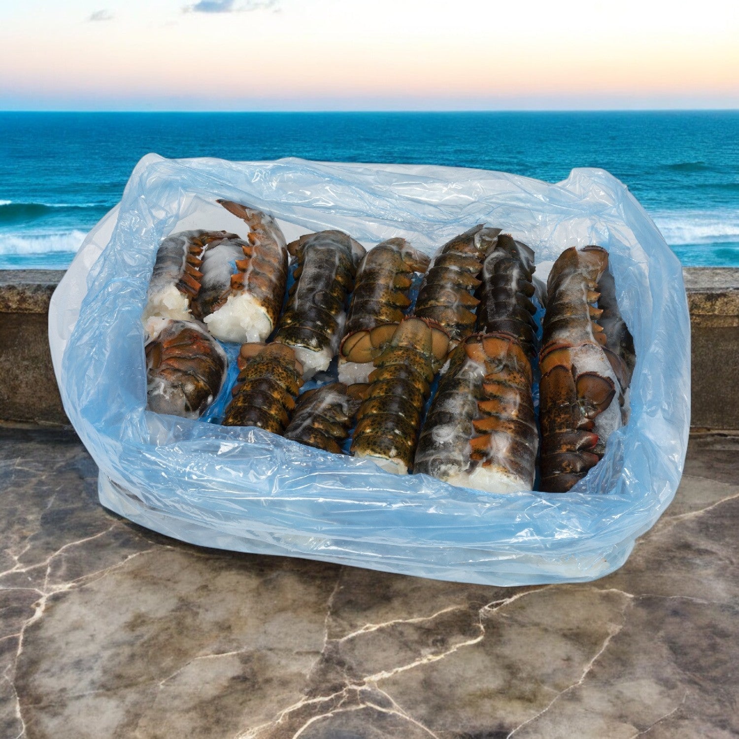 Sysco's Lobster Tail North Atlantic Premium 4 Ounce, featuring 40 tails in a 10-pound box, rests on a marble surface with an ocean view in the background.