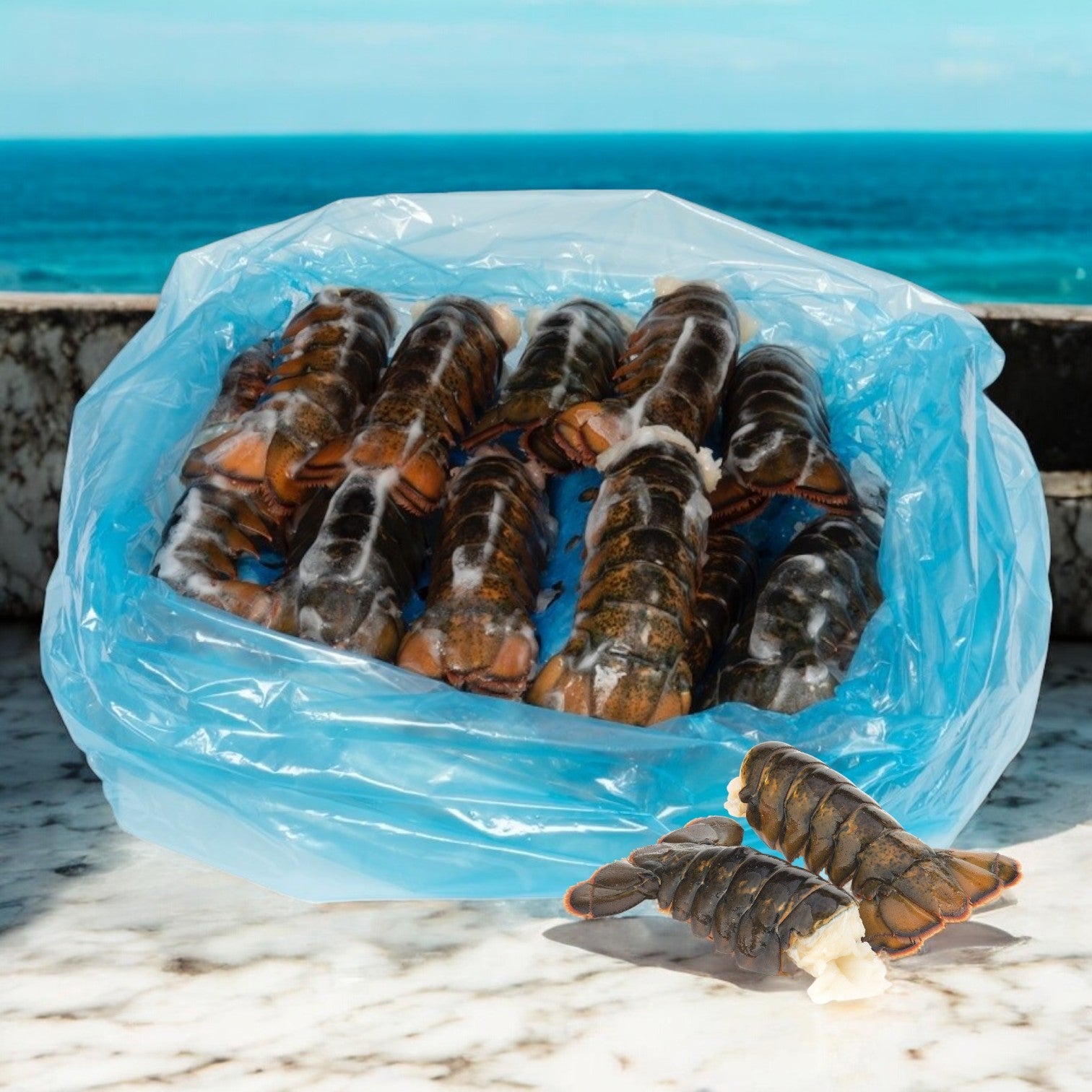 A blue bag of Sysco's Lobster Tail North Atlantic Premium 6-7 Ounce-10 Pounds rests on marble with the ocean behind, two juicy lobster tails placed in front.
