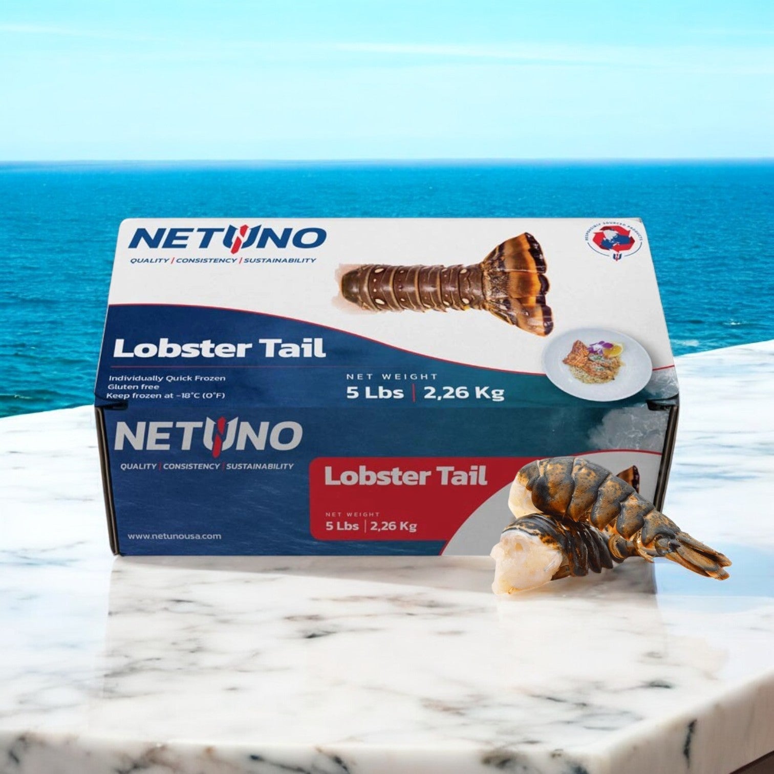 A box of Easy Lunches' Surf and Turf! USDA Choice Beef Loin Tenderloin Steak - Filet Mignon & 5 Pounds Of Frozen Netuno Lobster Tails sits elegantly on a marble surface with an ocean view, showcasing a luscious lobster tail in front.