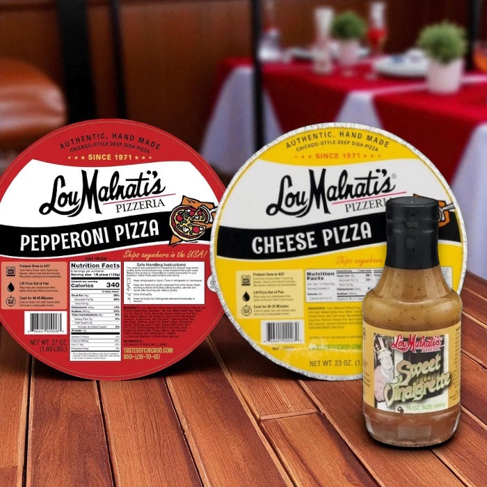 Lou Malnati's Deep Dish Pizza Cheese, 23 oz. - 1 Count, Lou Malnati's Deep Dish Pizza Pepperoni, 23 oz. - 1 Count, Lou Malnati's Pizzeria Sweet Vinaigrette-16 Oz- 1 Bottle (3 Items Total)