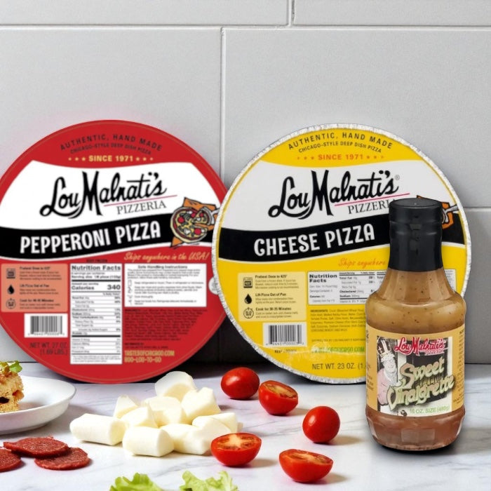 Lou Malnati's Deep Dish Pizza Cheese, 23 oz. - 1 Count, Lou Malnati's Deep Dish Pizza Pepperoni, 23 oz. - 1 Count, Lou Malnati's Pizzeria Sweet Vinaigrette-16 Oz- 1 Bottle (3 Items Total)