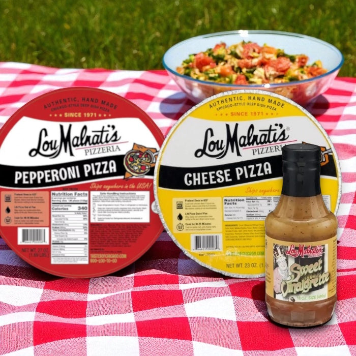 Lou Malnati's Deep Dish Pizza Cheese, 23 oz. - 1 Count, Lou Malnati's Deep Dish Pizza Pepperoni, 23 oz. - 1 Count, Lou Malnati's Pizzeria Sweet Vinaigrette-16 Oz- 1 Bottle (3 Items Total)