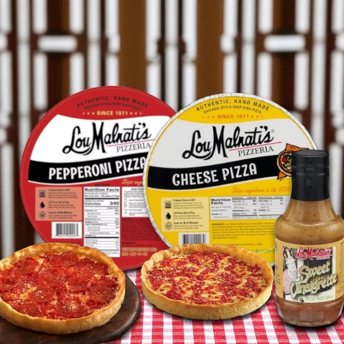 Lou Malnati's Deep Dish Pizza Cheese, 23 oz. - 1 Count, Lou Malnati's Deep Dish Pizza Pepperoni, 23 oz. - 1 Count, Lou Malnati's Pizzeria Sweet Vinaigrette-16 Oz- 1 Bottle (3 Items Total)