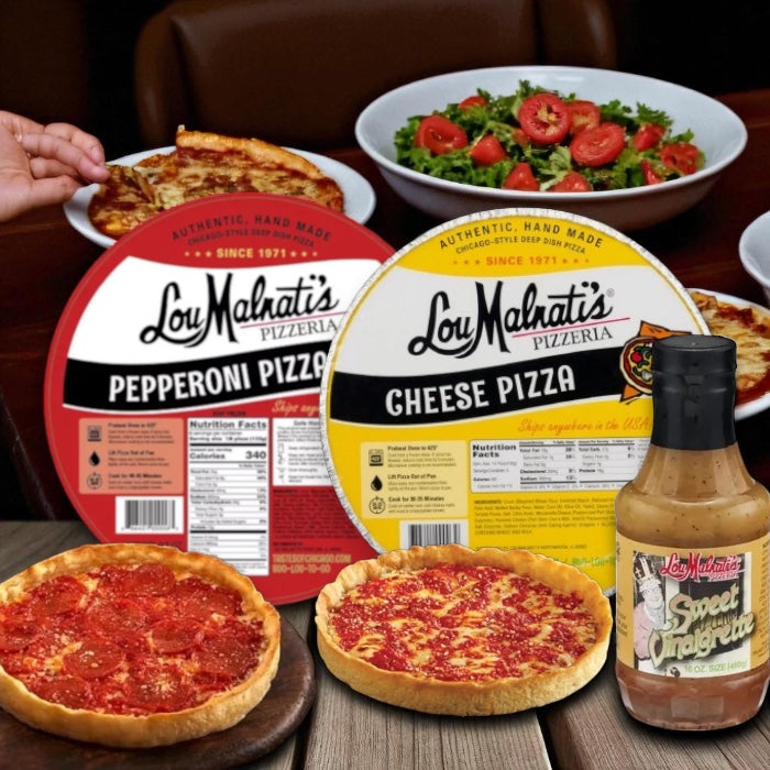 Lou Malnati's Deep Dish Pizza Cheese, 23 oz. - 1 Count, Lou Malnati's Deep Dish Pizza Pepperoni, 23 oz. - 1 Count, Lou Malnati's Pizzeria Sweet Vinaigrette-16 Oz- 1 Bottle (3 Items Total)