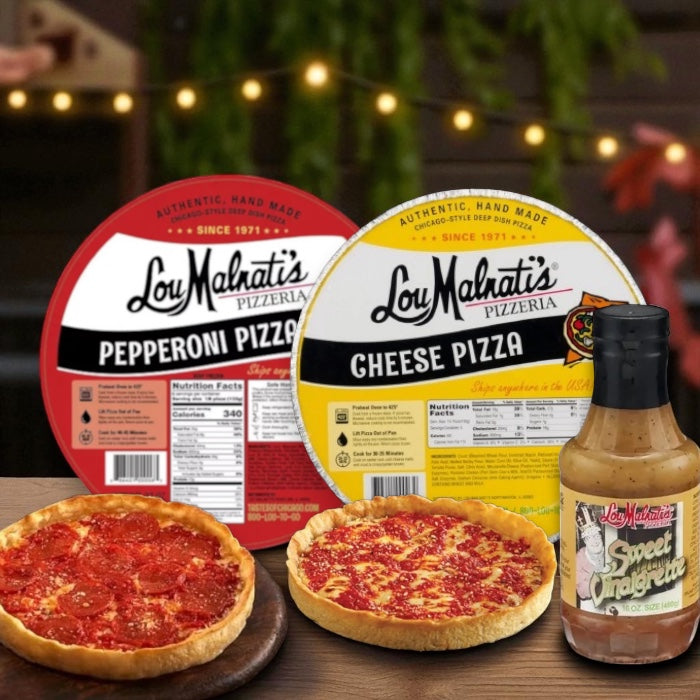 Lou Malnati's Deep Dish Pizza Cheese, 23 oz. - 1 Count, Lou Malnati's Deep Dish Pizza Pepperoni, 23 oz. - 1 Count, Lou Malnati's Pizzeria Sweet Vinaigrette-16 Oz- 1 Bottle (3 Items Total)