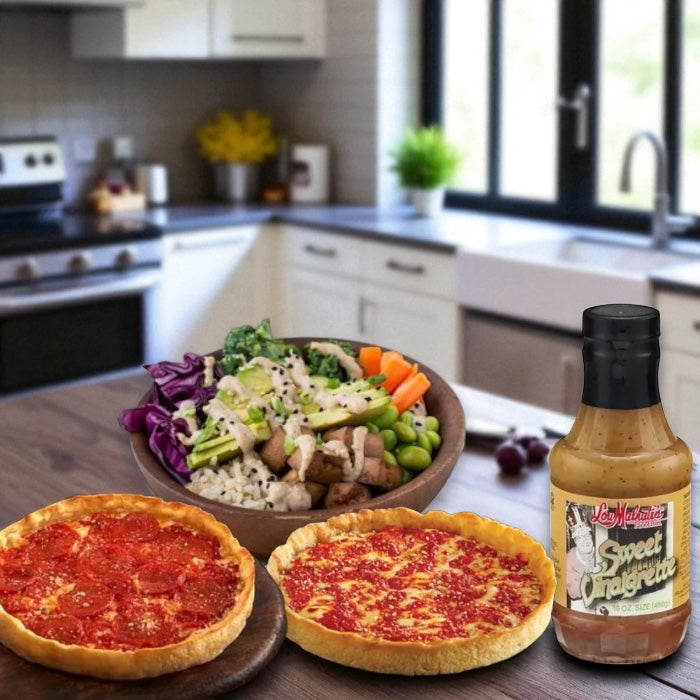 Lou Malnati's Deep Dish Pizza Cheese, 23 oz. - 1 Count, Lou Malnati's Deep Dish Pizza Pepperoni, 23 oz. - 1 Count, Lou Malnati's Pizzeria Sweet Vinaigrette-16 Oz- 1 Bottle (3 Items Total)
