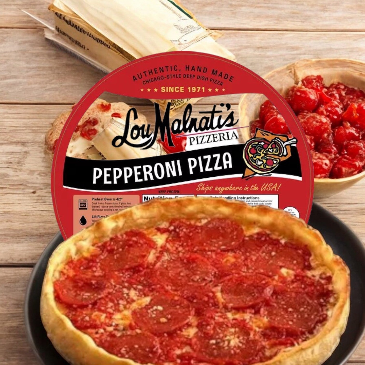 Lou Malnati's Deep Dish Pizza Pepperoni, 23 oz. - 1 Count, partially baked and packaged, is showcased on a black plate with its hearty toppings and ingredients elegantly displayed in the background.
