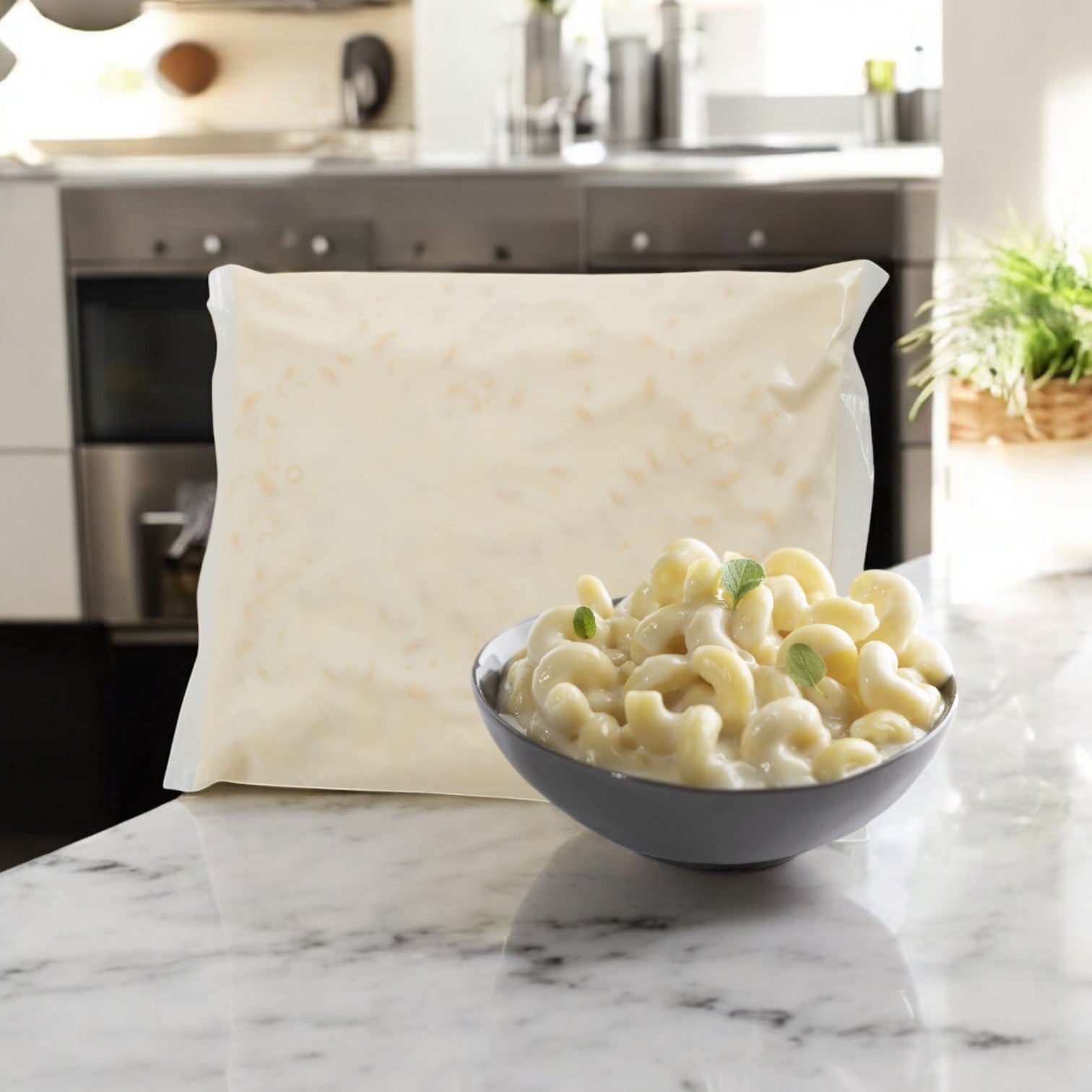 A sealed package of Stouffer's Macaroni and Cheese White, 64 oz., is beside a bowl of prepared macaroni in white cheese sauce, all on a marble countertop in a cozy kitchen.