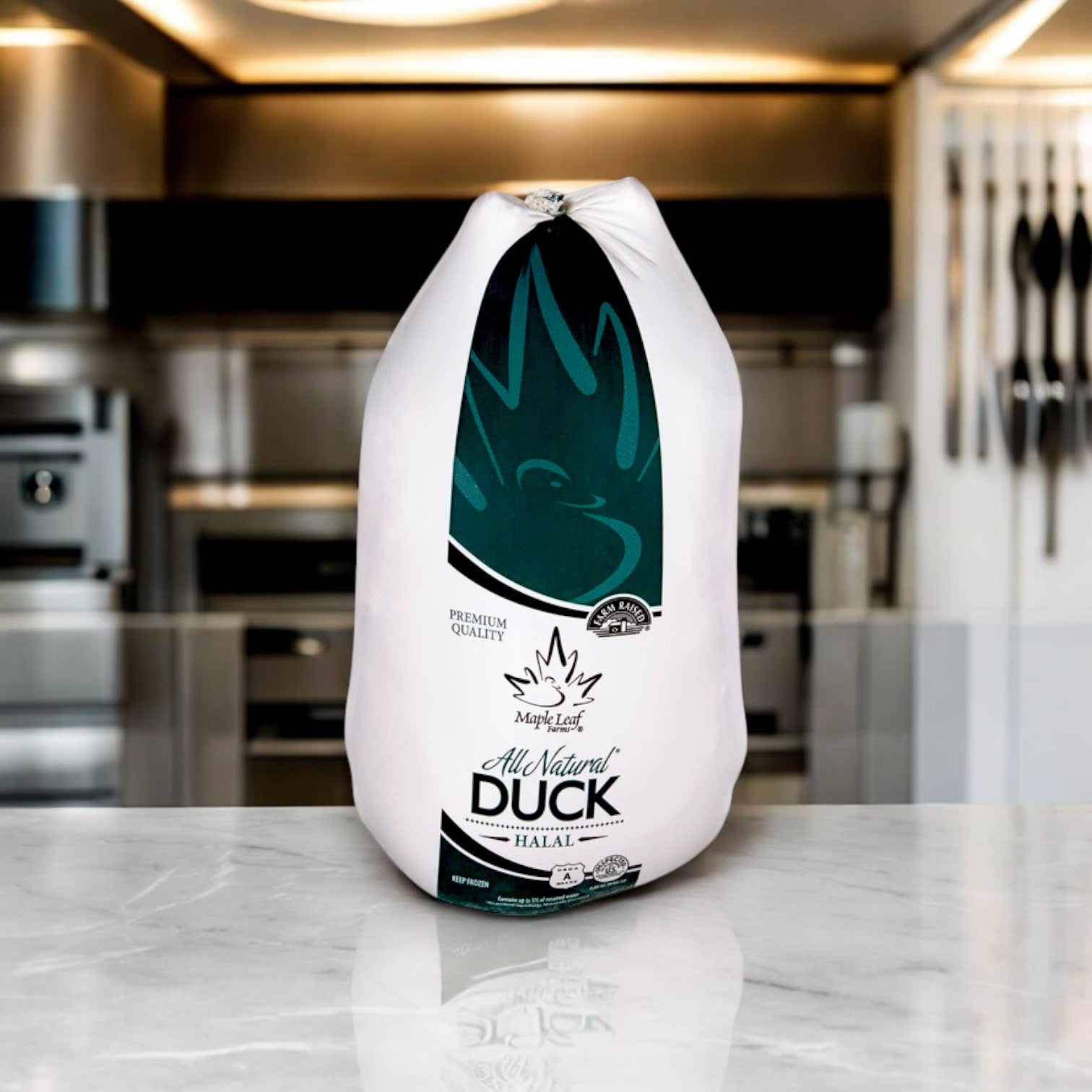 The Maple Leaf Farms Halal Whole Duck, approximately 5.47 lbs, sits on a kitchen countertop with green branding and a maple leaf logo, featuring "All Natural Duck Halal." Ideal for those seeking premium quality and versatile cooking options.