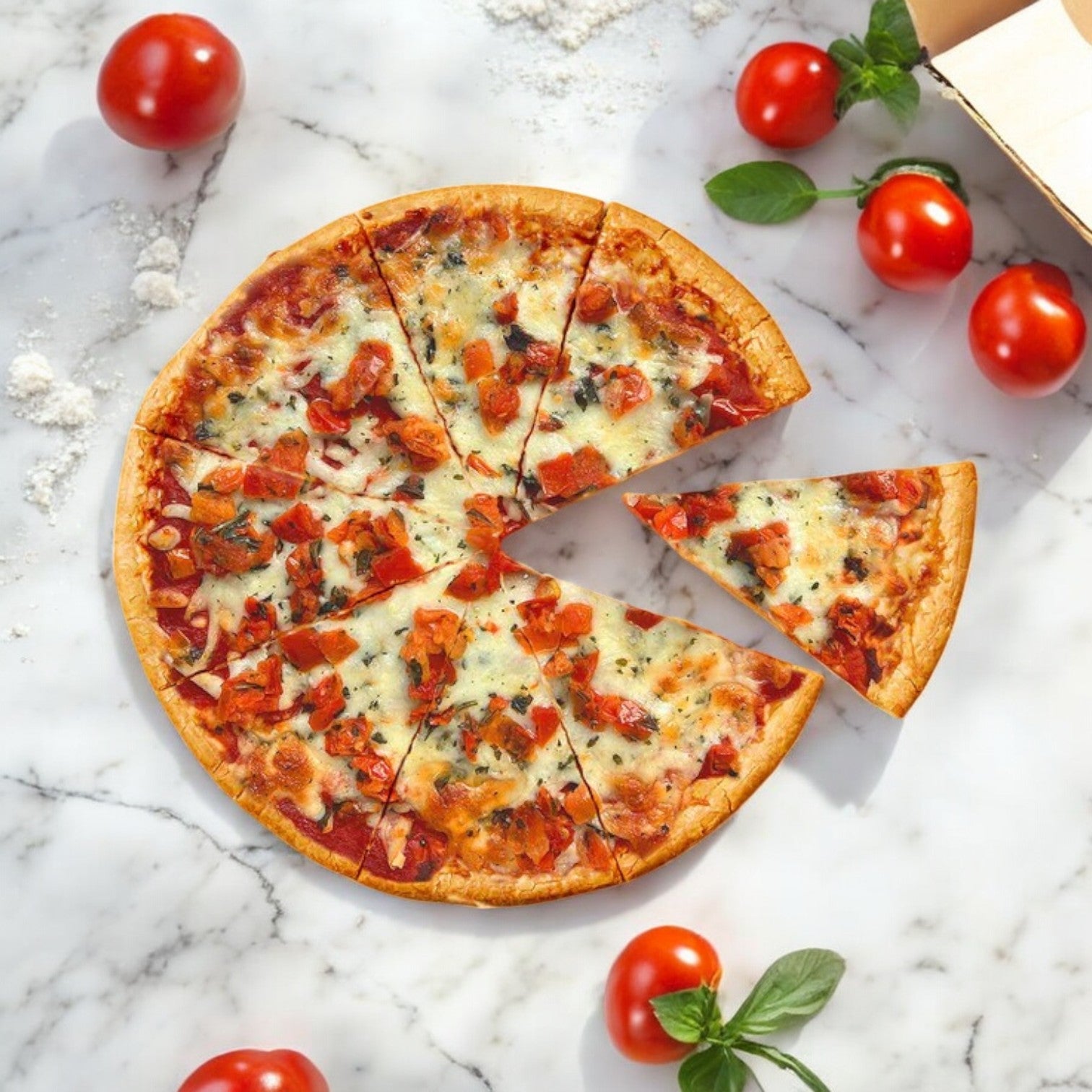 An Against the Grain Gourmet Gluten-Free Margherita Pizza, 72 oz., has one slice removed and rests on a marble surface, surrounded by fresh tomatoes and basil leaves.