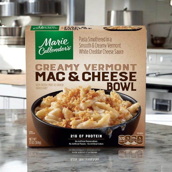 Marie Callender's Meals Bundle includes meals like the Creamy Vermont Mac & Cheese Bowl, featuring a rich cheddar cheese sauce and 21g of protein, perfect for comfort food enthusiasts—similar to the Aged Cheddar Cheesy Chicken & Rice Bowl.