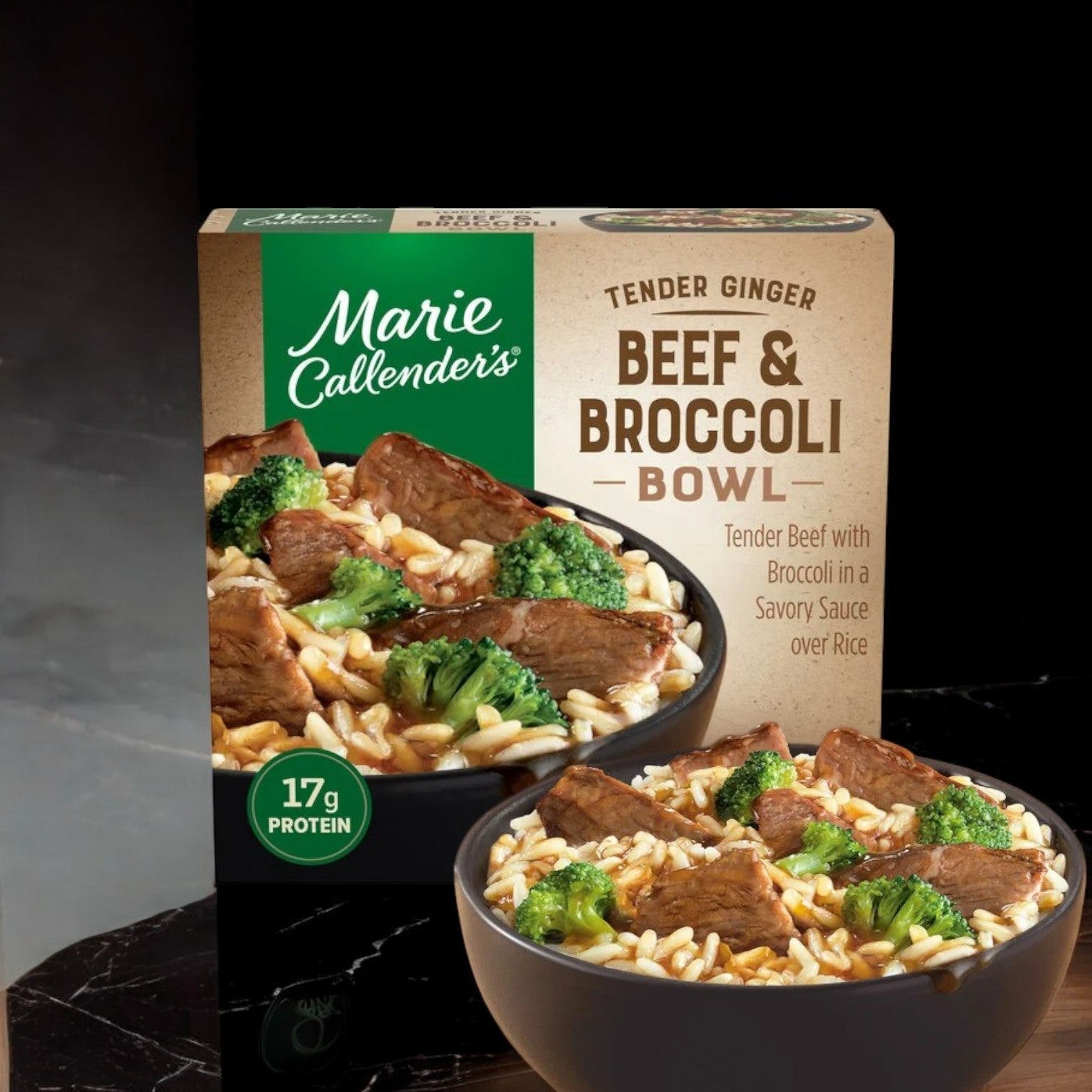 An 11.8 oz Marie Callender's Beef & Broccoli Bowl box appears beside the prepared meal in a bowl, featuring beef, broccoli, and rice. The package displays "17g protein" in a green circle and highlights its flavorful tender ginger soy sauce.