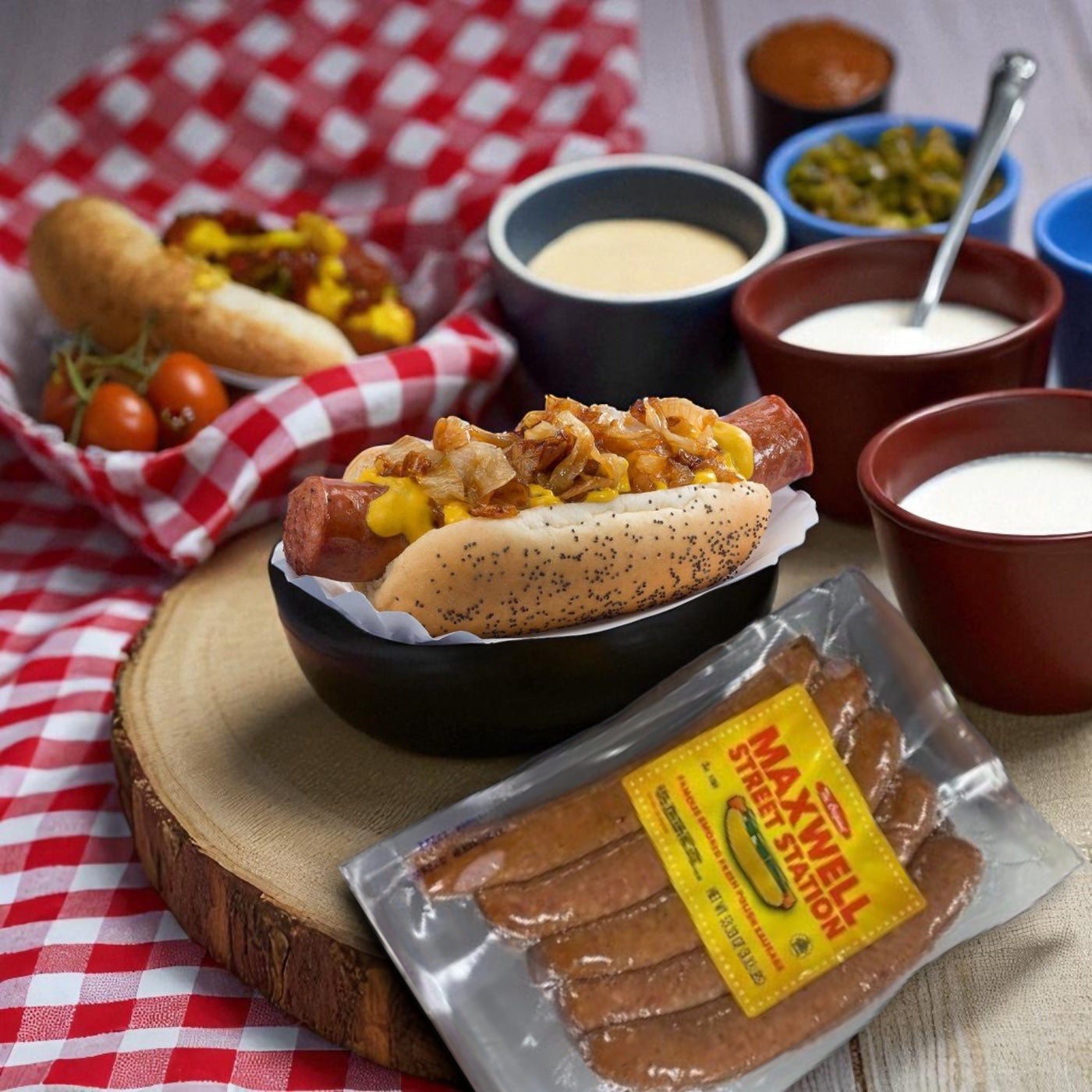 A Vienna Beef Maxwell Street Station Famous Smoked Fresh Polish Sausage, 53.33 oz., sits in a bun with fried onions and mustard on a wooden tray, surrounded by condiments and a red checkered tablecloth.