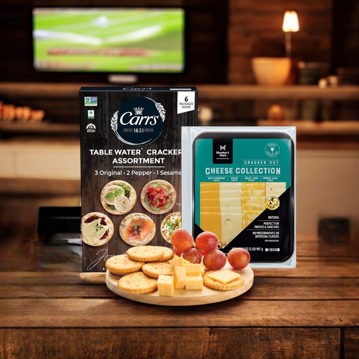 An inviting Cheese and Cracker Tray from Easy Lunches sits on the table, featuring an array of cheese cubes, crackers, and grapes ready for indulgence. A TV hums quietly in the softly blurred background.