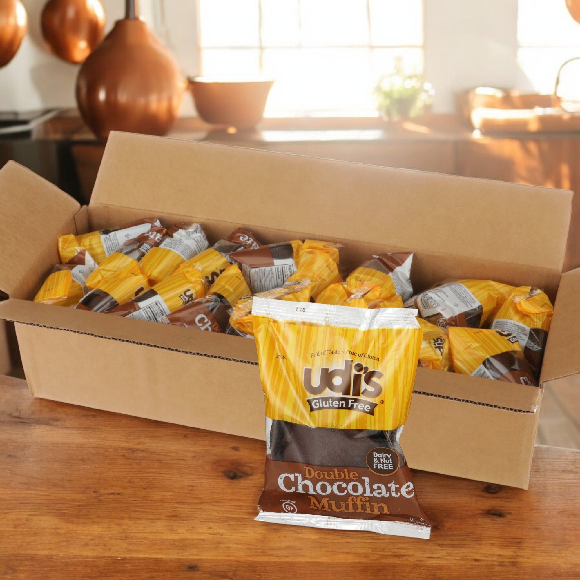 A large cardboard box filled with Udi's, Muffin Chocolate Double Gluten Free Individually Wrapped, 3 oz. - 1 Case, 36 Count rests open on a wooden table, each muffin individually wrapped for convenience.