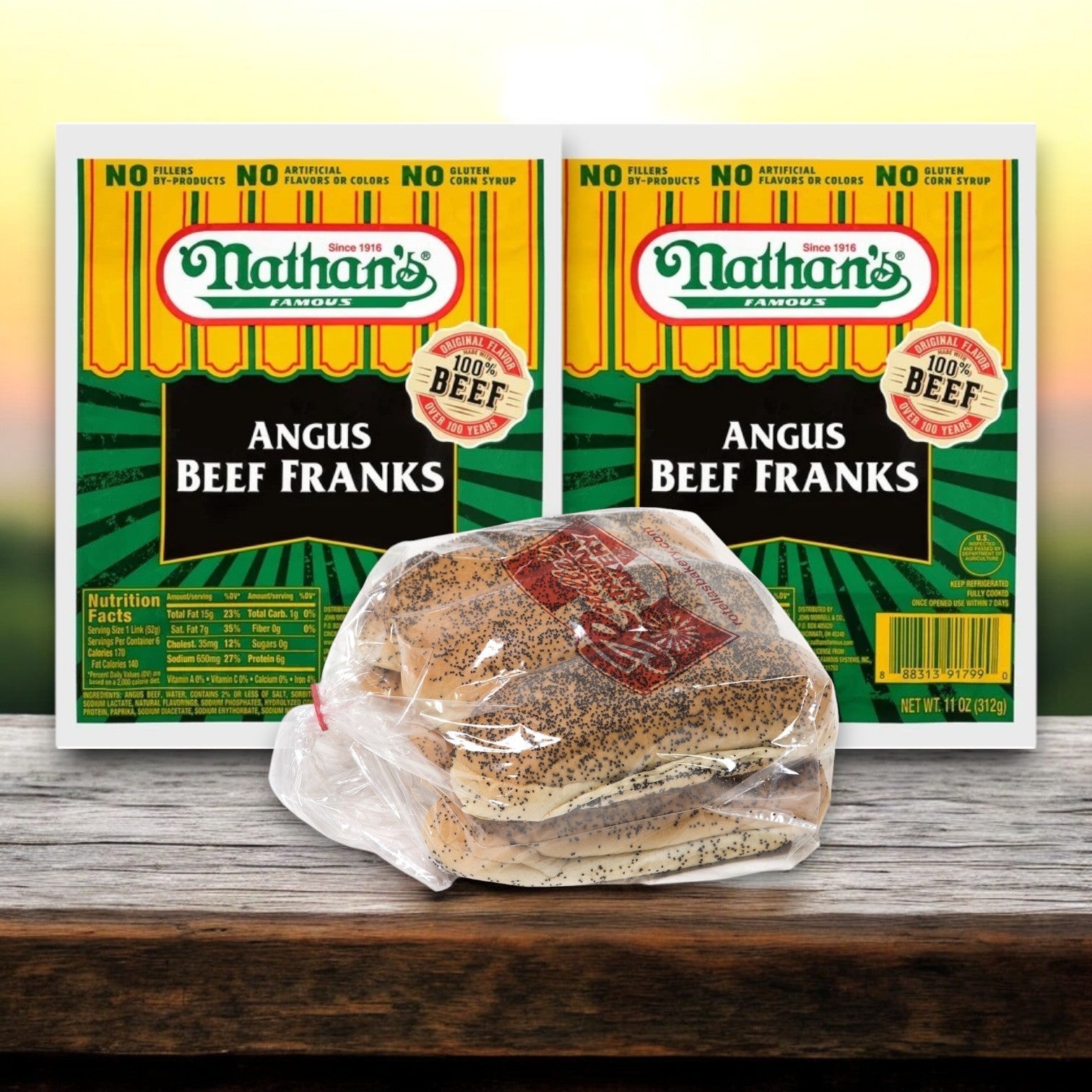 Nathan's Bundle, featuring 16 Nathan's Famous Angus Beef Hot Dogs and 16 hot dog buns, rests on a wooden surface, highlighting its premium quality.