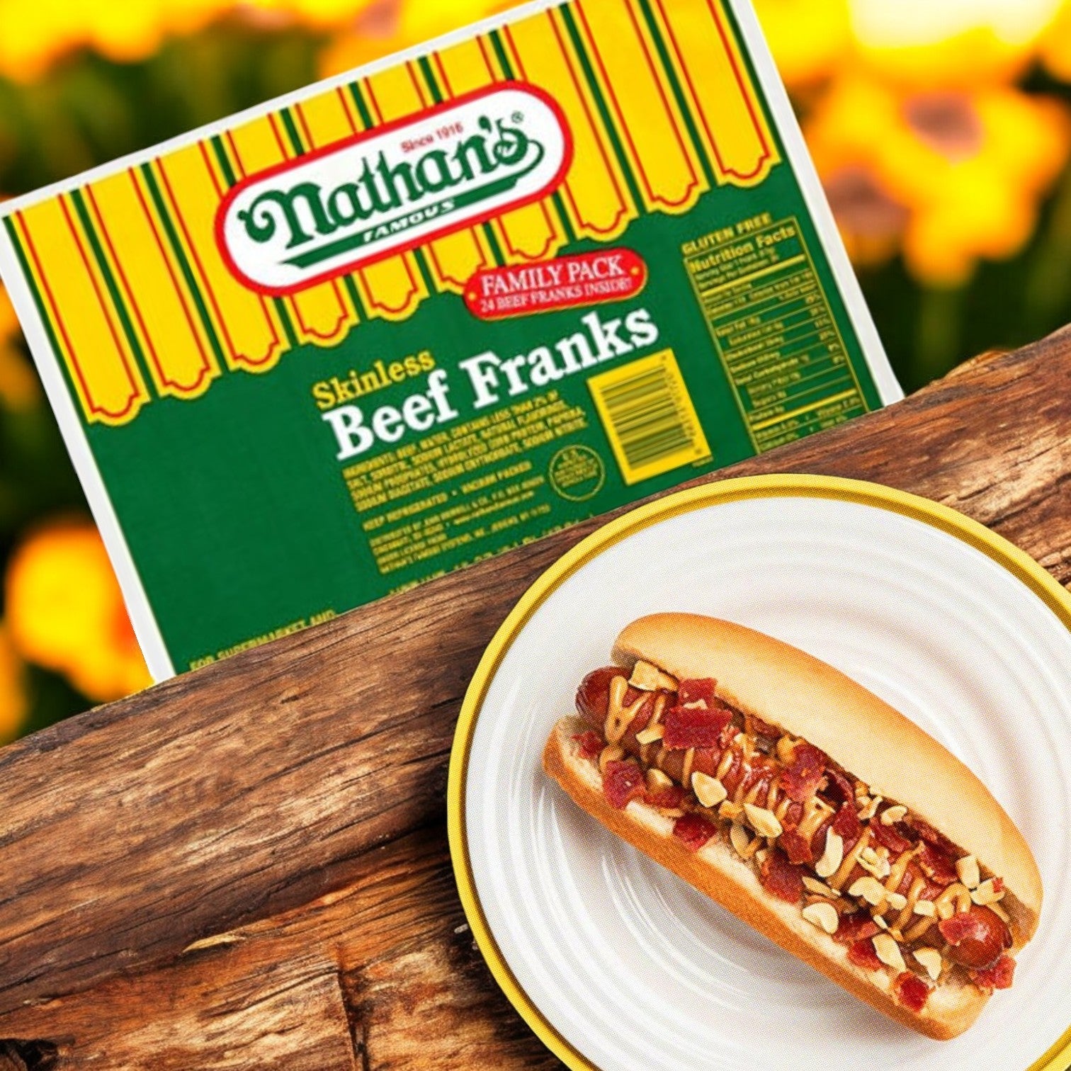 A plate with a hot dog, overflowing with diced toppings, showcases the tempting Coney Island Flavor. In the background is a package labeled "Nathan’s Famous Skinless Beef Franks – 2 oz Each | 5 lb Pack (24 Franks Total).