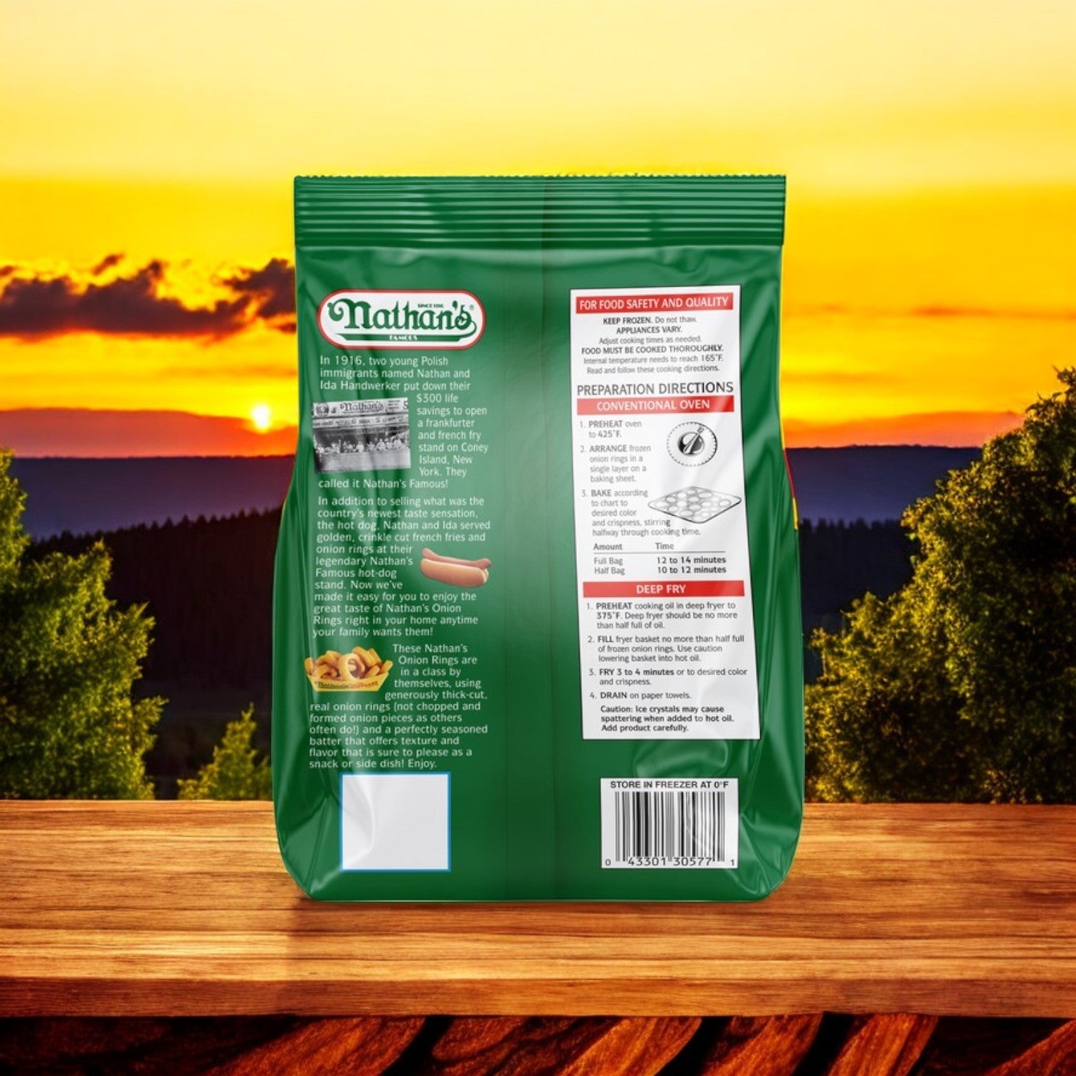 On a wooden surface against a sunset, the back of Nathan’s Famous Onion Rings (Battered, Thick Sliced – 16 oz - 3 Count) bag shares preparation tips, promising delight in every bite with its crispy batter capturing the essence of a golden sunset.