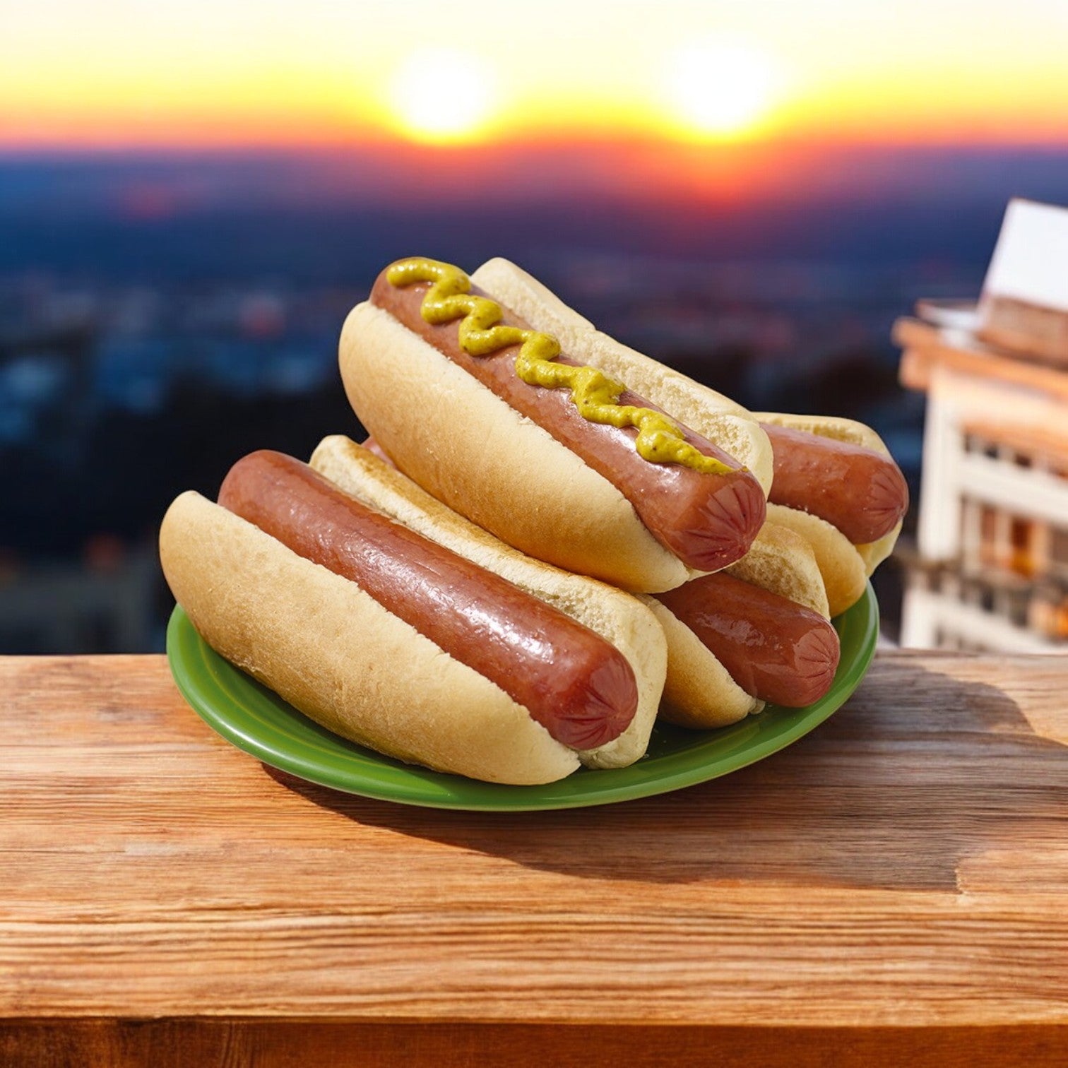 Three Nathan's Famous all-beef frankfurters, two plain and one with mustard, rest on a green plate against a sunset background on wood.