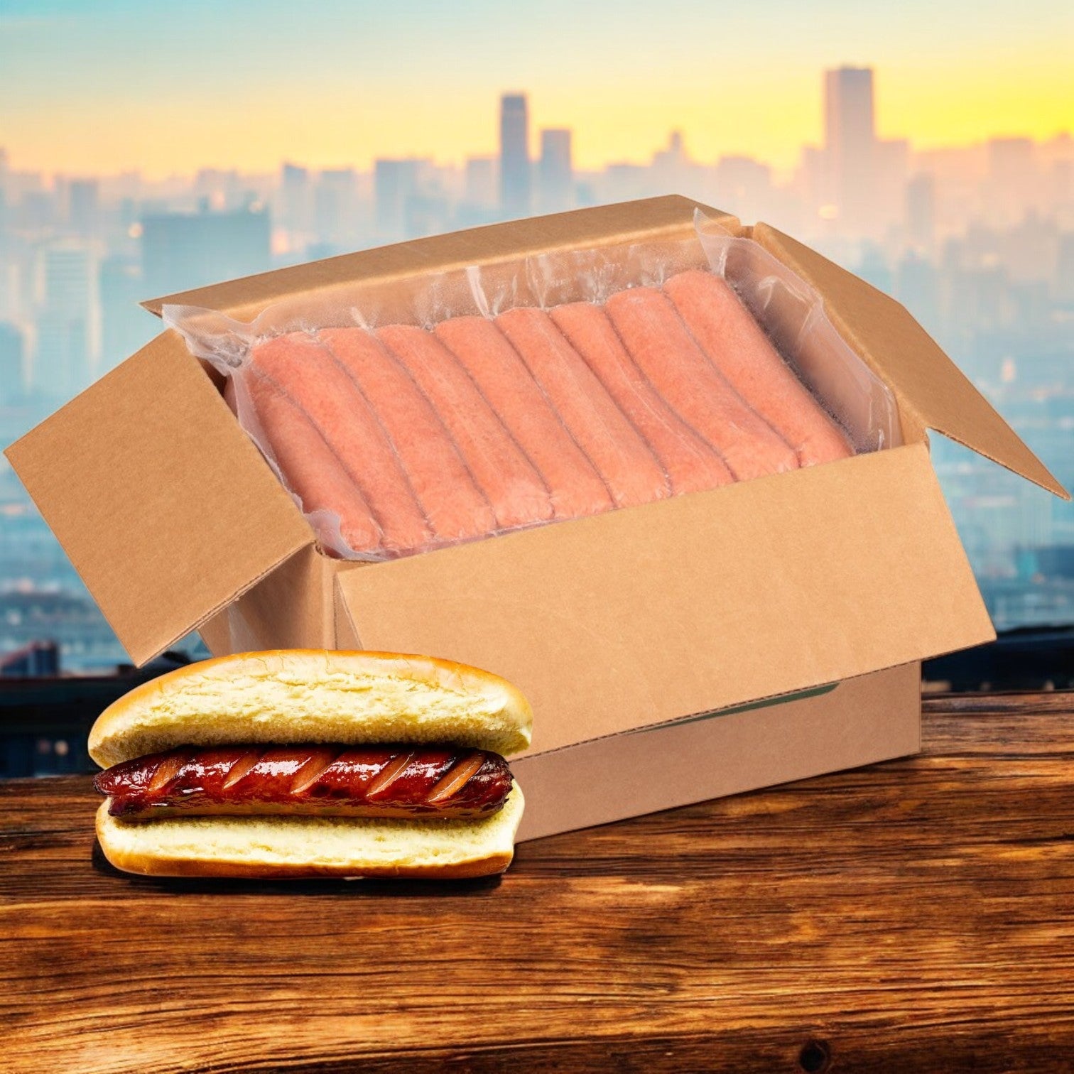 An open pack of Nathan's Famous Frankfurter All-Beef 6" sits on a wooden surface, featuring one savory sausage in a bun upfront, with a stunning city skyline in the background.