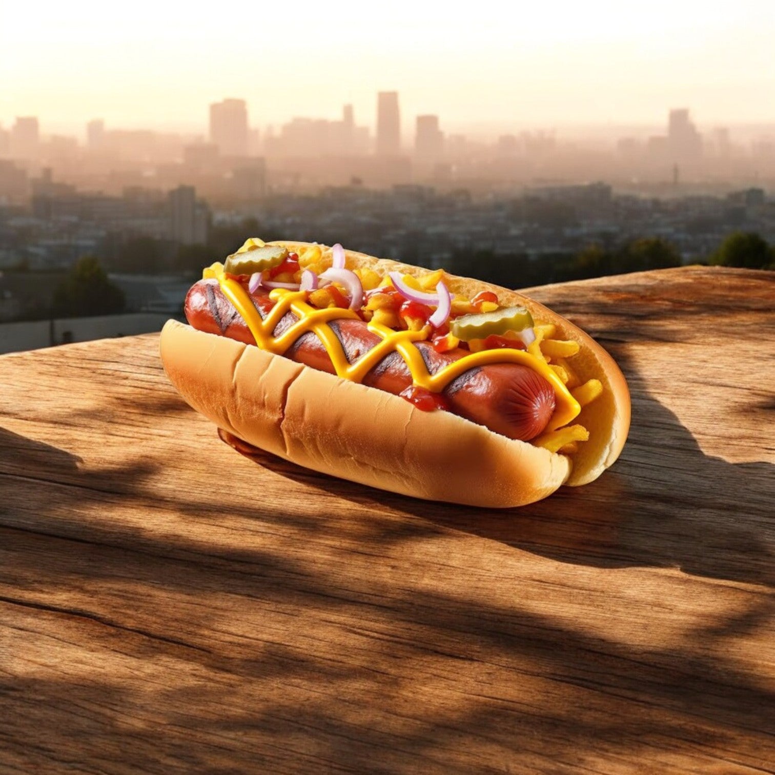 A 6-inch all-beef frank from Nathan's Famous is topped with mustard, ketchup, onions, and pickles on a wooden table, perfectly framed by the cityscape and a hazy sky.