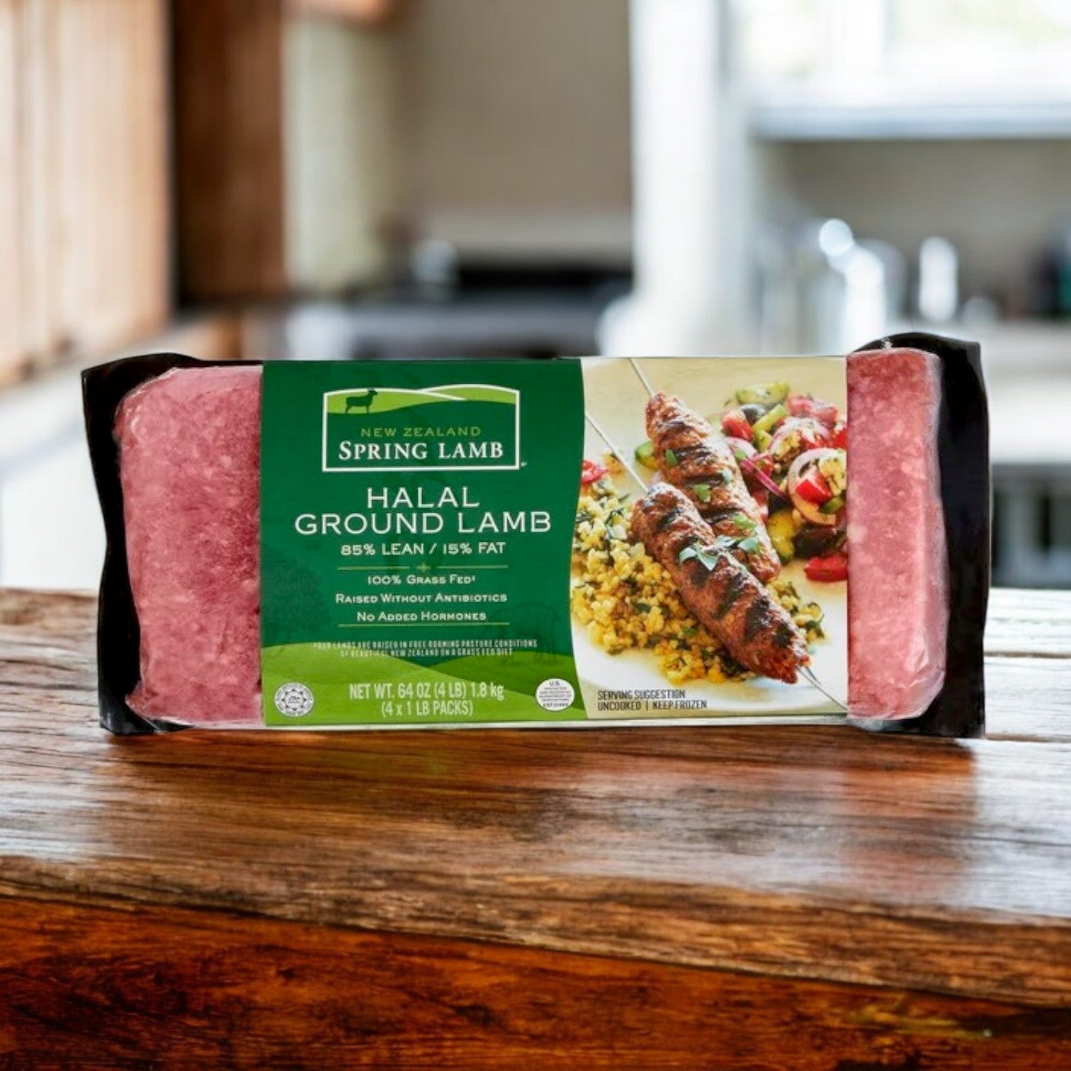 A 4 lb pack of New Zealand Spring Lamb Halal Ground Lamb, 85% lean with 15% fat, rests on a wooden surface featuring an image of skewered lamb with rice and vegetables.