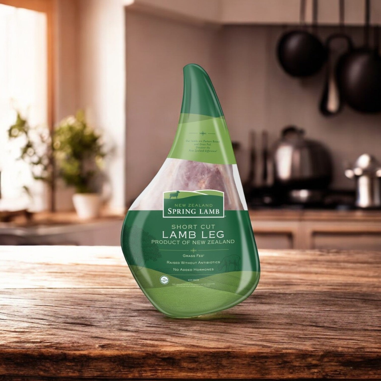 A 5-pound average New Zealand Spring Lamb Leg Short Cut by New Zealand Spring Lamb sits elegantly on a wooden counter with softly blurred kitchen items in the background.