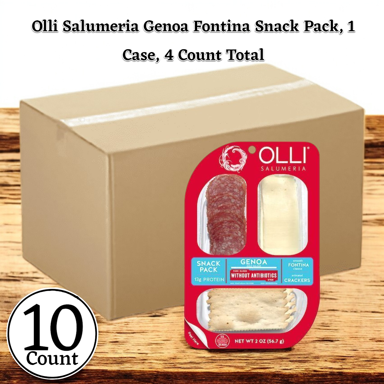 A cardboard box contains an Olli Salami Genoa Fontina Snack Pack, offering the artisanal Italian flavors of Genoa salami and creamy Fontina cheese. The package emphasizes its high protein content and antibiotic-free commitment.