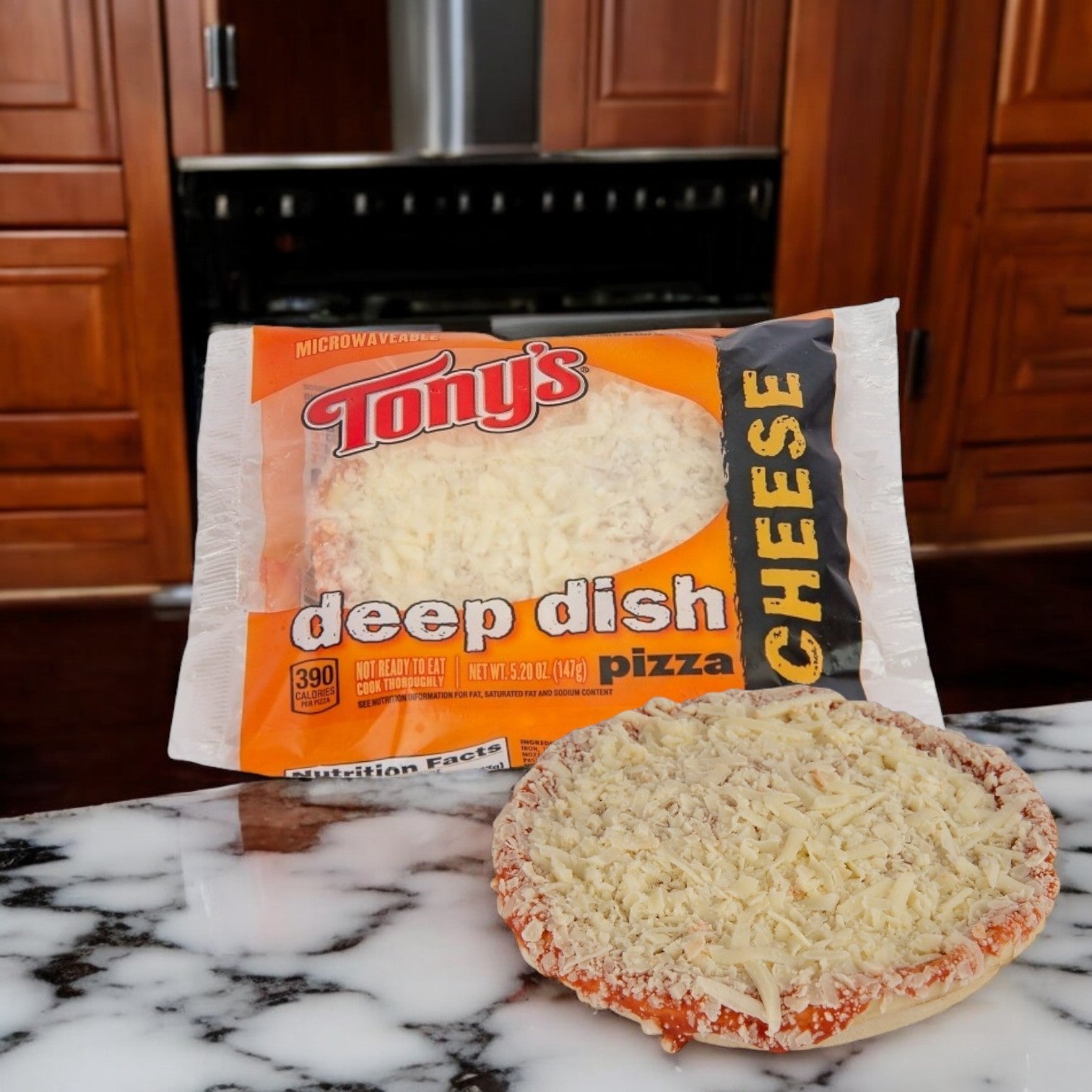 A box of Tony's Round 5" Cheese Pizza, 24 Count, ideal for quick meals, is displayed upright on a marble counter.