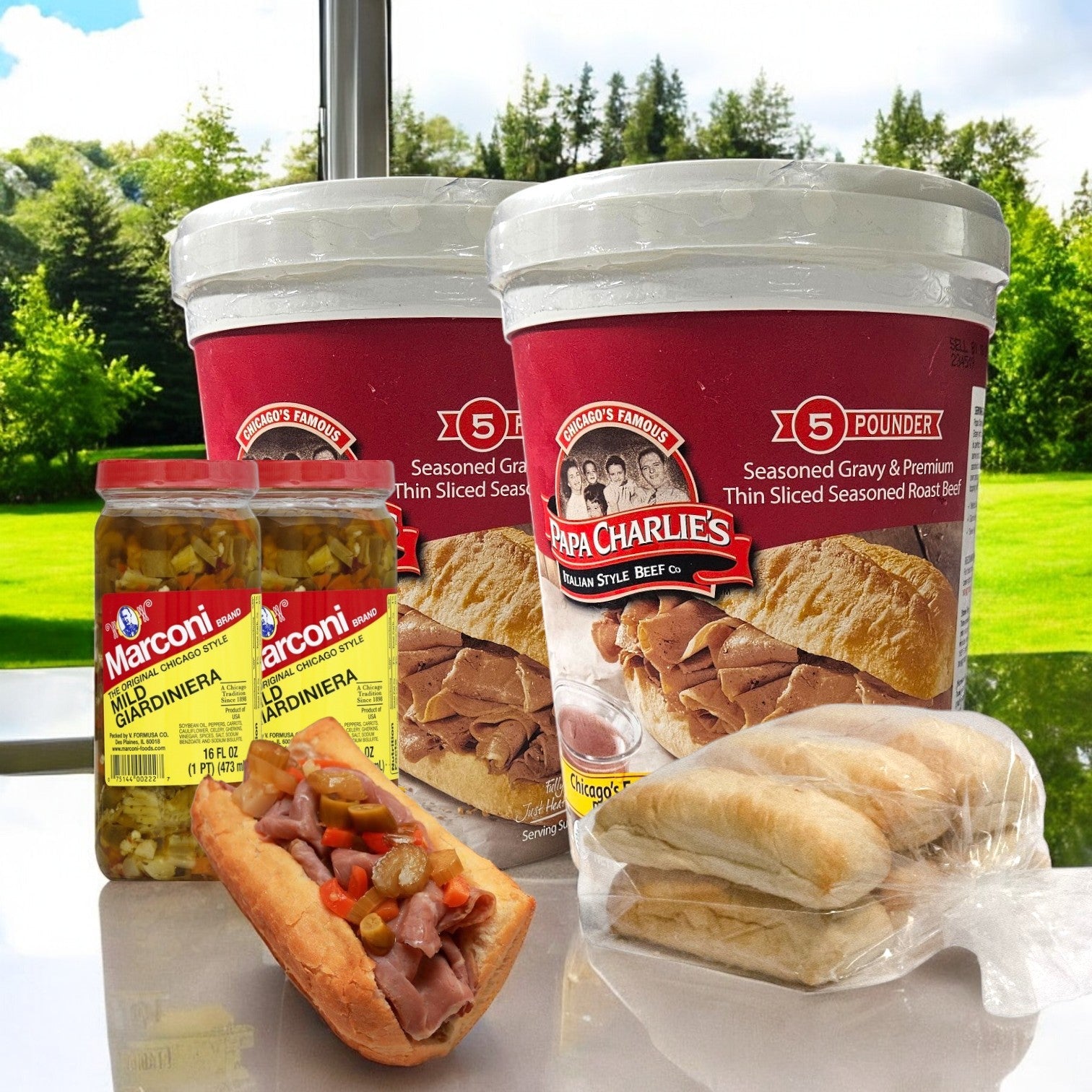 Papa Charlie's Roast Beef Combo Pack for 64 People, featuring buns and giardiniera, highlights premium ingredients against a scenic outdoor background.