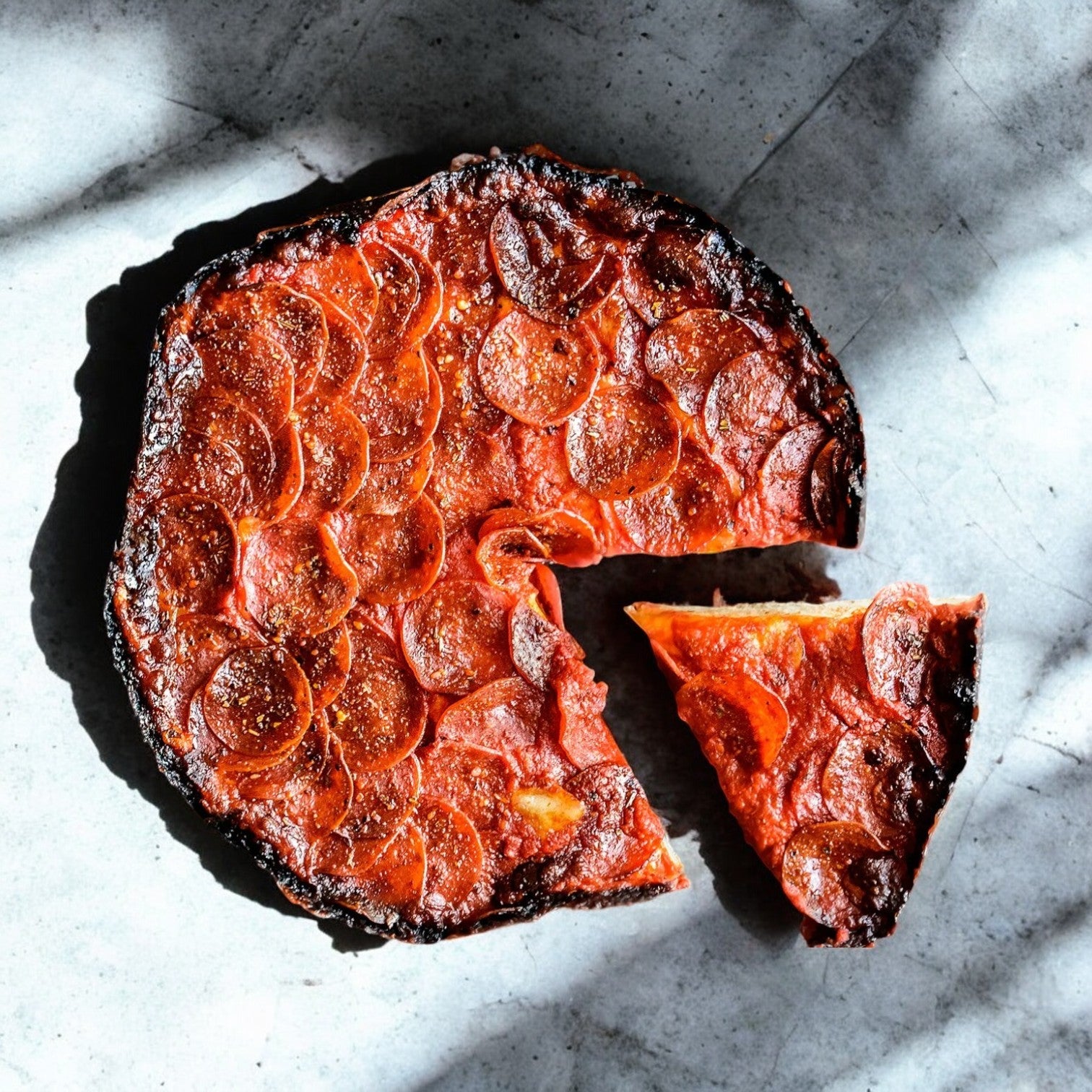 A mouthwatering Pequods Pizza, Pepperoni 2" tall with a crispy, darkened crust sits on a gray surface in the sunlight. One slice is slightly ajar, inviting anticipation from the main pie.