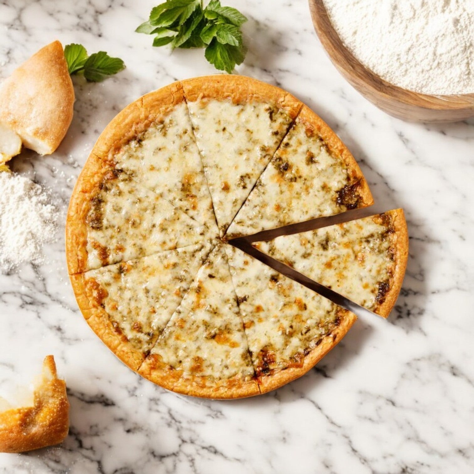 A whole Against the Grain Gourmet Pizza with a gluten-free crust sits on a marble countertop, one slice removed. Nearby, flour and dough pieces hint at a homemade touch. Product: Nut-Free Pesto, Family Size – 22.4 oz- 3 Packs by Against the Grain Gourmet.