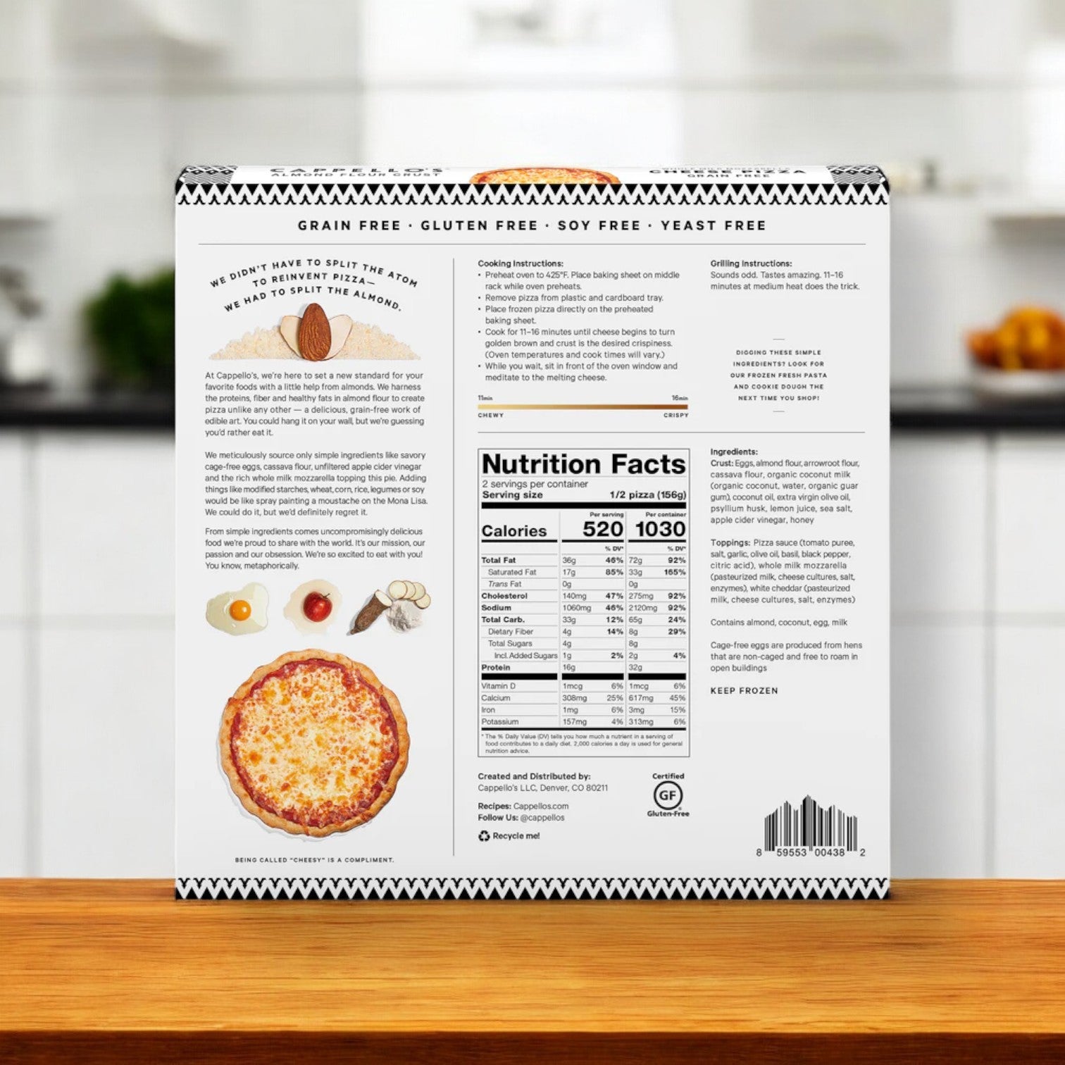 Cappello's Whole Milk Mozzarella Pizza box features cooking instructions, nutritional facts, and inviting images highlighting quality ingredients like almond, egg, tomato, and cheese. This 11oz grain-free, gluten-free delight promises handcrafted perfection in every bite.