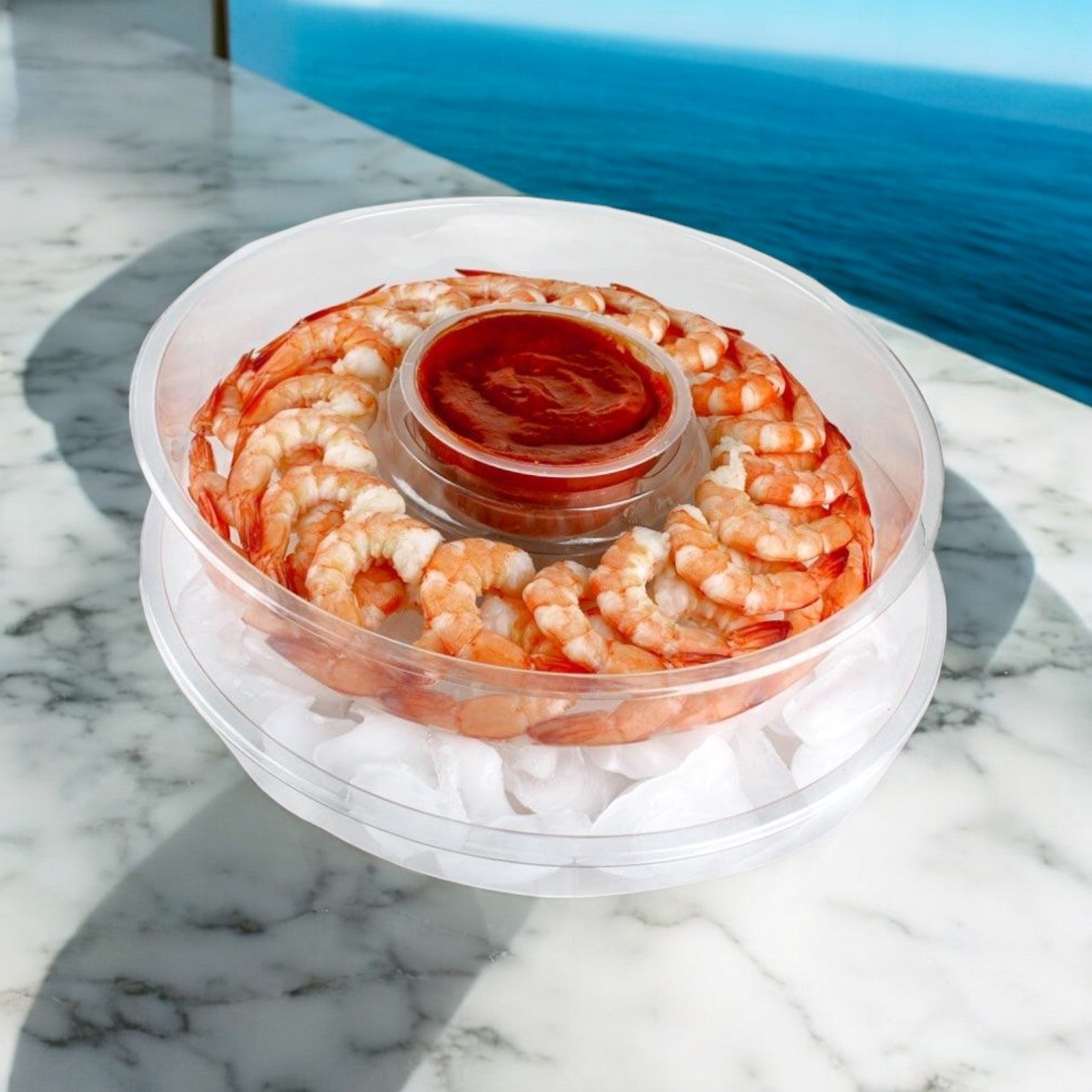 A Sea Mazz Shrimp Platter sits on a marble surface, its Seamazz Fully Cooked Cocktail Shrimp Ring stylishly encircling a tangy cocktail sauce near the shimmering water.