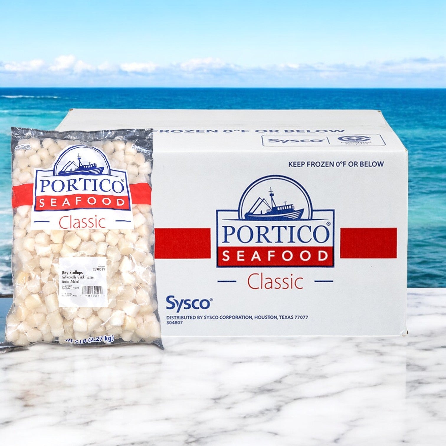 Portico Classic Seafood's 5lb Scallop IQF package, holding 80-120 count Chinese scallops, is elegantly displayed on a marble surface with an ocean view in the background, capturing the essence of premium seafood.