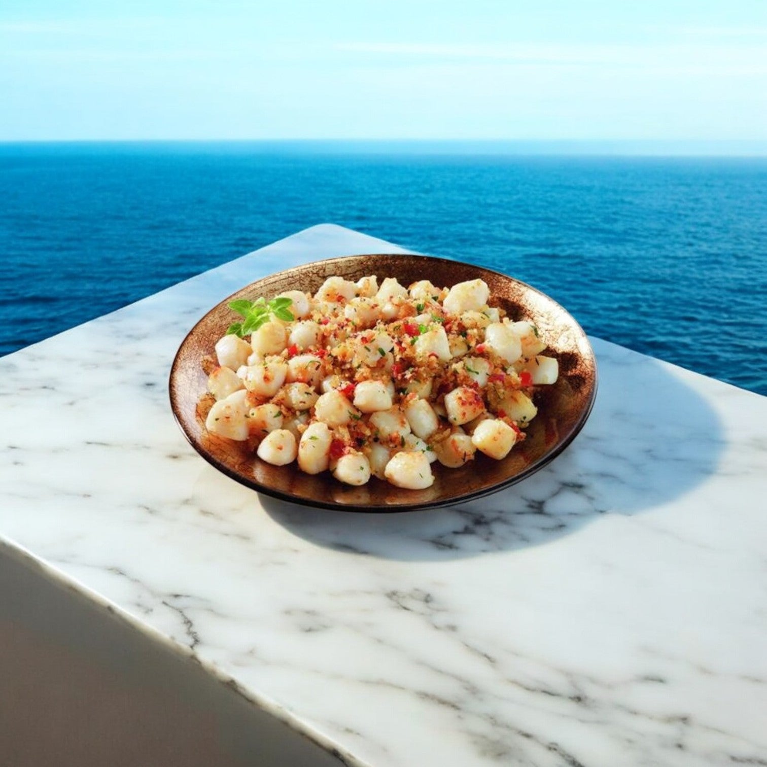 A plate of seasoned gnocchi with Portico Classic Seafood Scallop IQF (80-120 Count, Chinese 5lbs) rests elegantly on a marble surface, framed by an ocean backdrop.